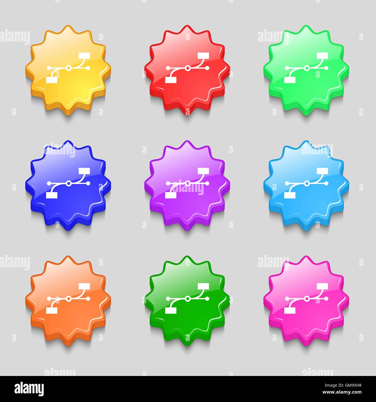 L'icône de courbe de Bézier signe. Symboles sur les boutons colorés ondulés neuf. Vector Illustration de Vecteur