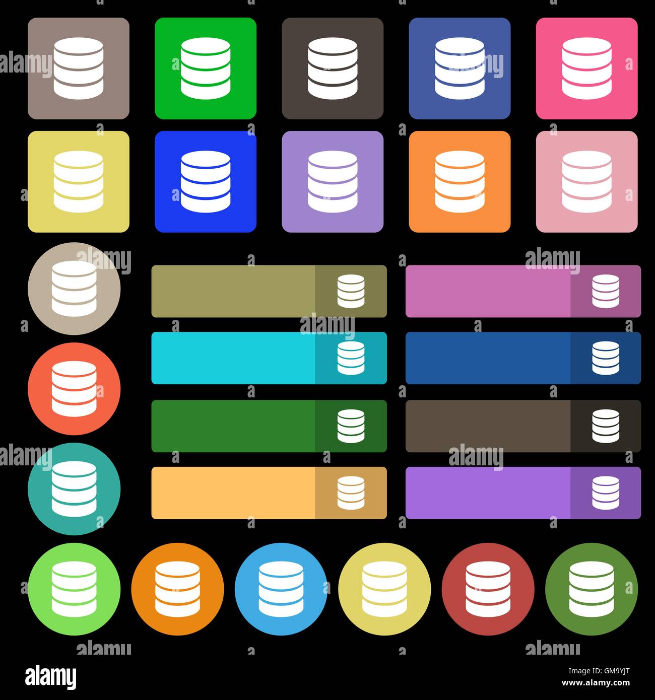 Base de données du disque dur et lecteur flash. icône de signe stick symbole. Set de vingt sept boutons plats multicolores. Vector Illustration de Vecteur