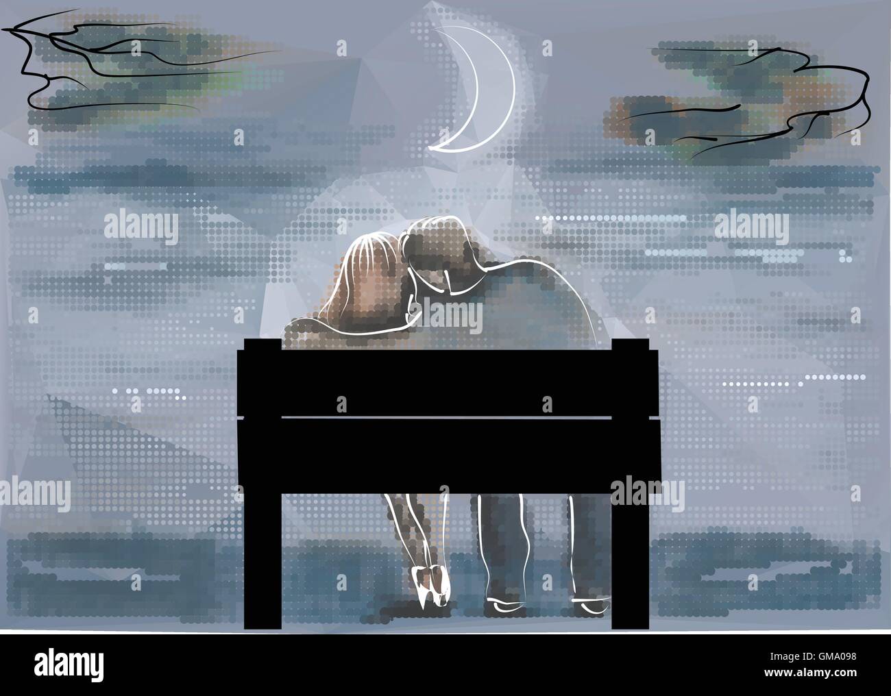 Couple sur banc. embrassant l'homme et la femme assise sur un banc Illustration de Vecteur