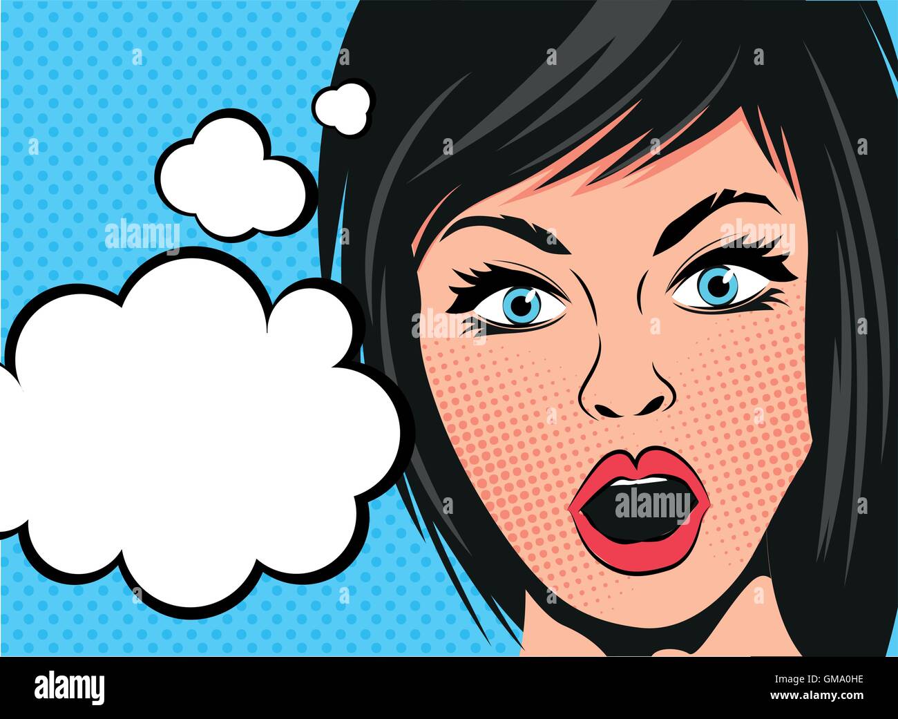 Un dessin animé rétro femme avec une expression choquée et bulles de texte. Vector illustration. Illustration de Vecteur