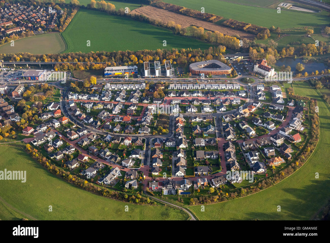 Vue aérienne, Huckingen suis colère Arch, développement immobilier, vue aérienne de la Ruhr, Duisburg Nordrhein-Westfalen, Allemagne, Europe, Banque D'Images