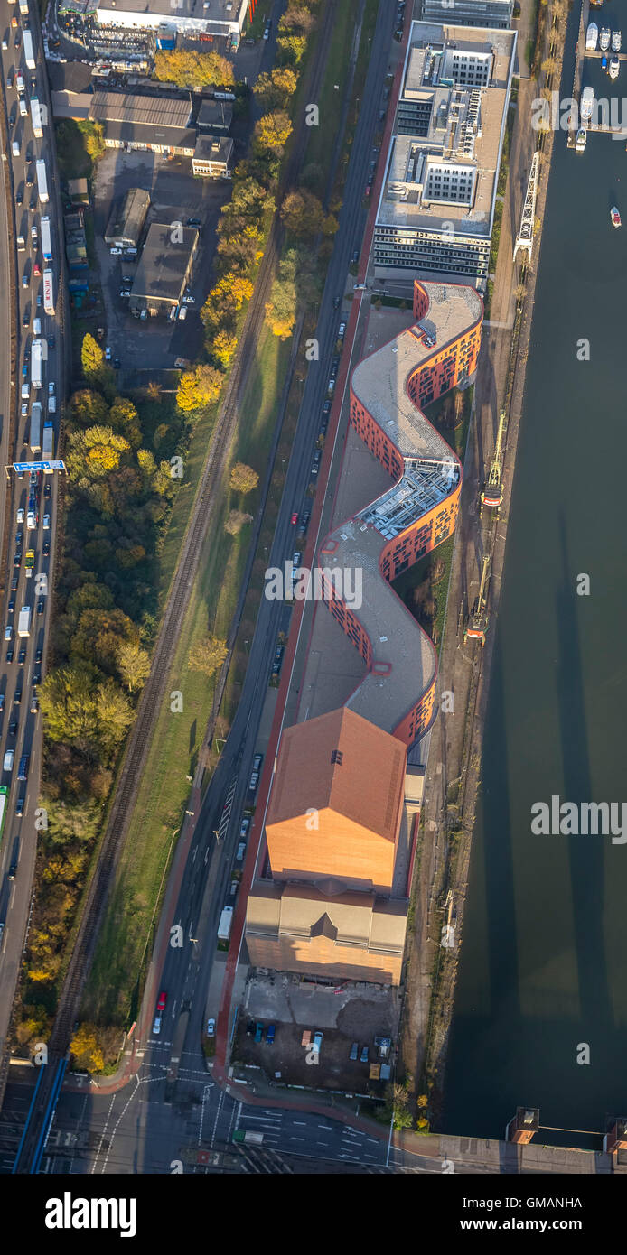 Par antenne, Archives en Schwanentor, port intérieur, vue aérienne de Duisburg, Ruhr, Duisbourg, Rhénanie du Nord-Westphalie, Banque D'Images
