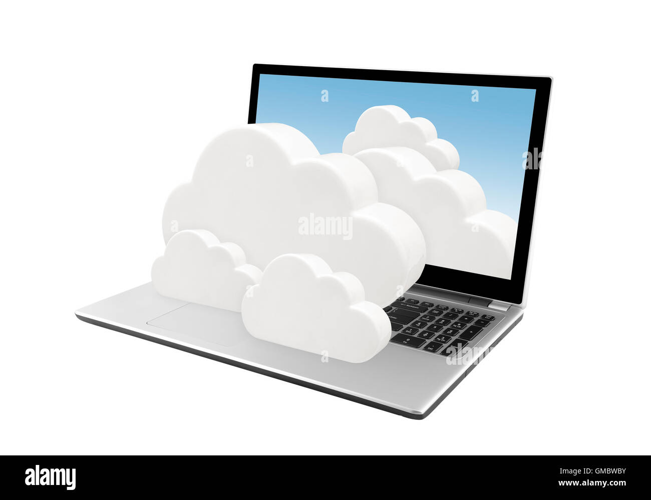 Ordinateur portable avec nuages isolé sur blanc. Réseau Cloud computing concept. Banque D'Images