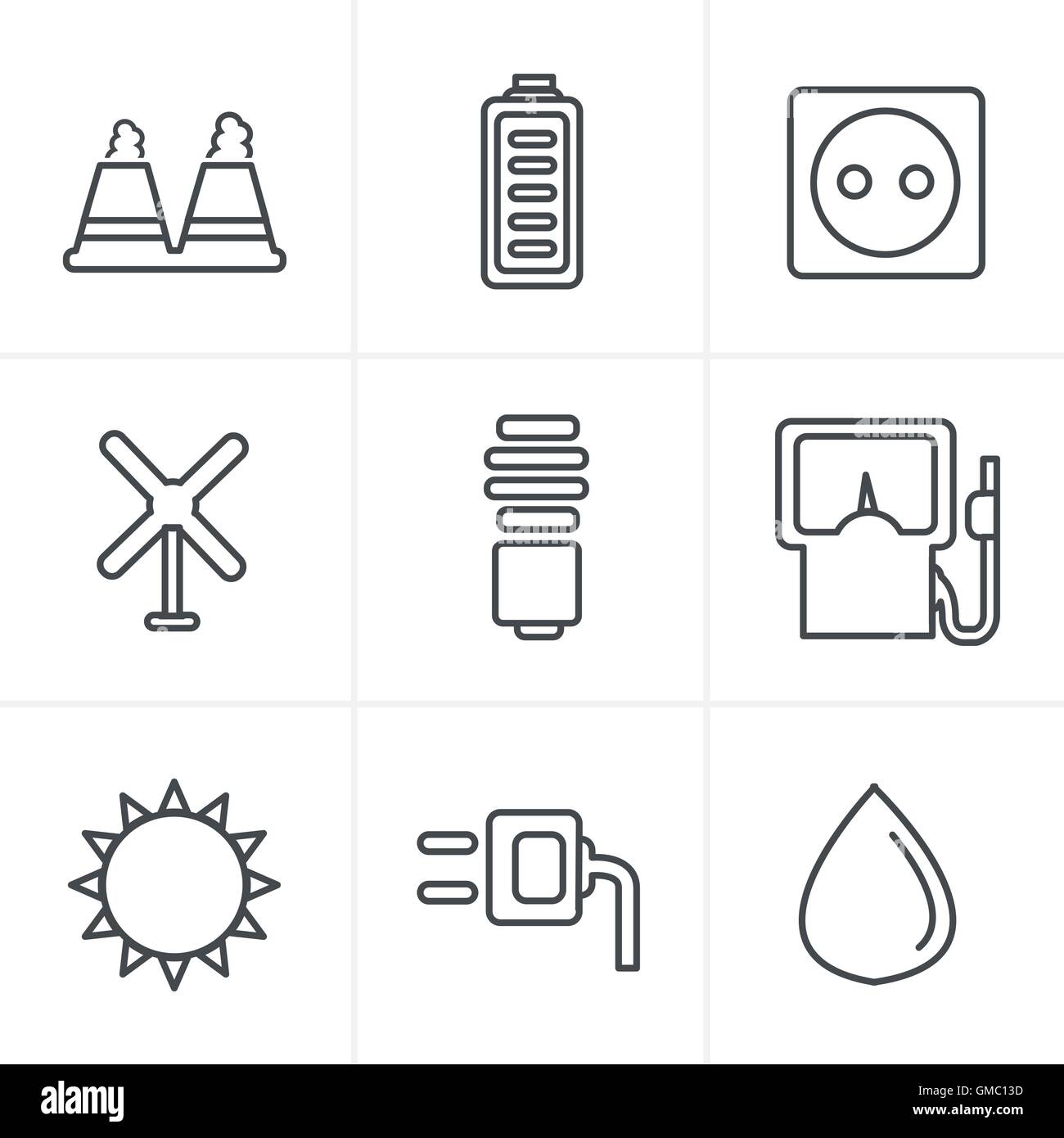 Icônes de Style ligne vector icons set énergie eco noir sur gris Illustration de Vecteur