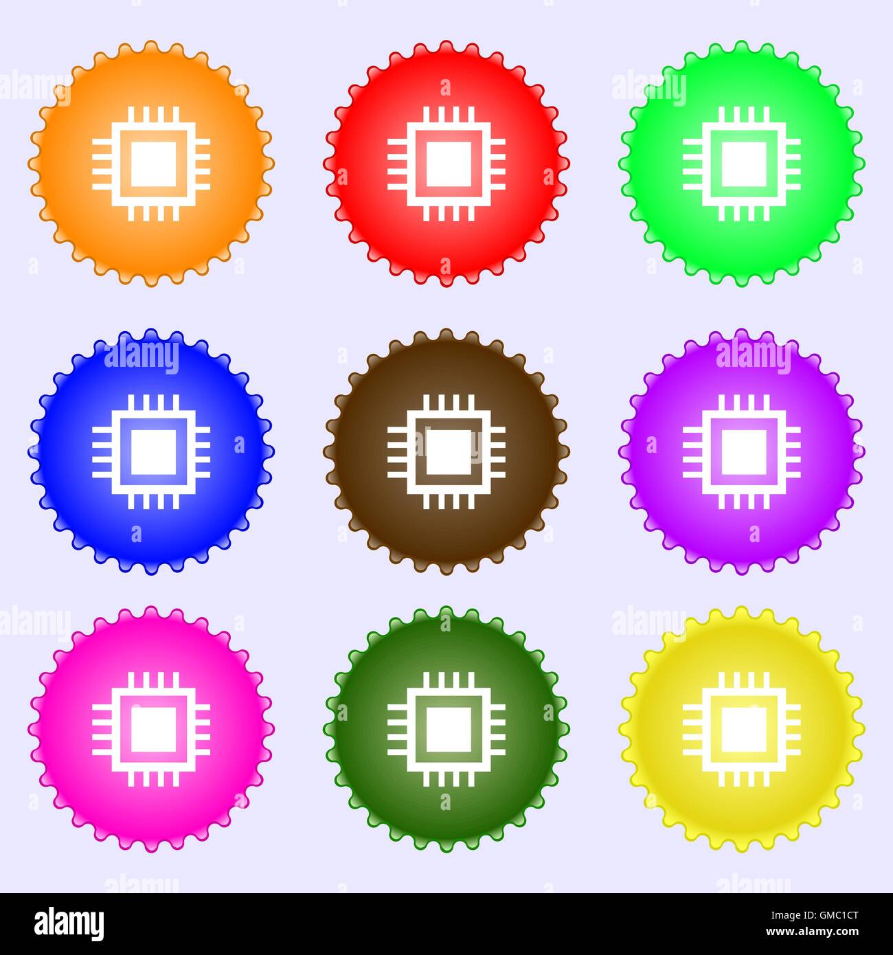 Icône de l'unité centrale de traitement. Schéma de la technologie symbole du cercle. Une série de 9 étiquettes de couleurs différentes. Vector Illustration de Vecteur