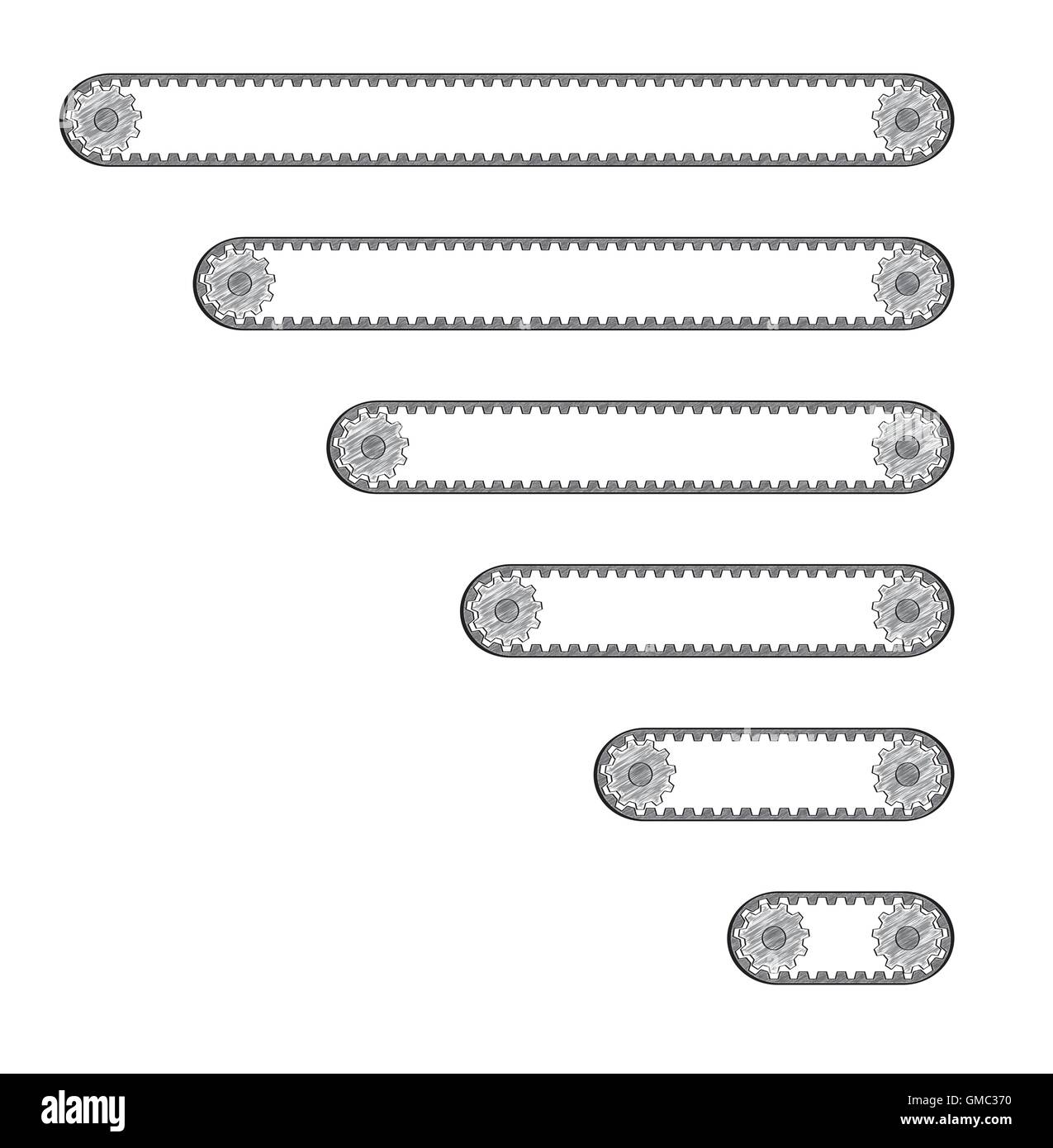 Six courroies de transport avec deux roues dentées Illustration de Vecteur