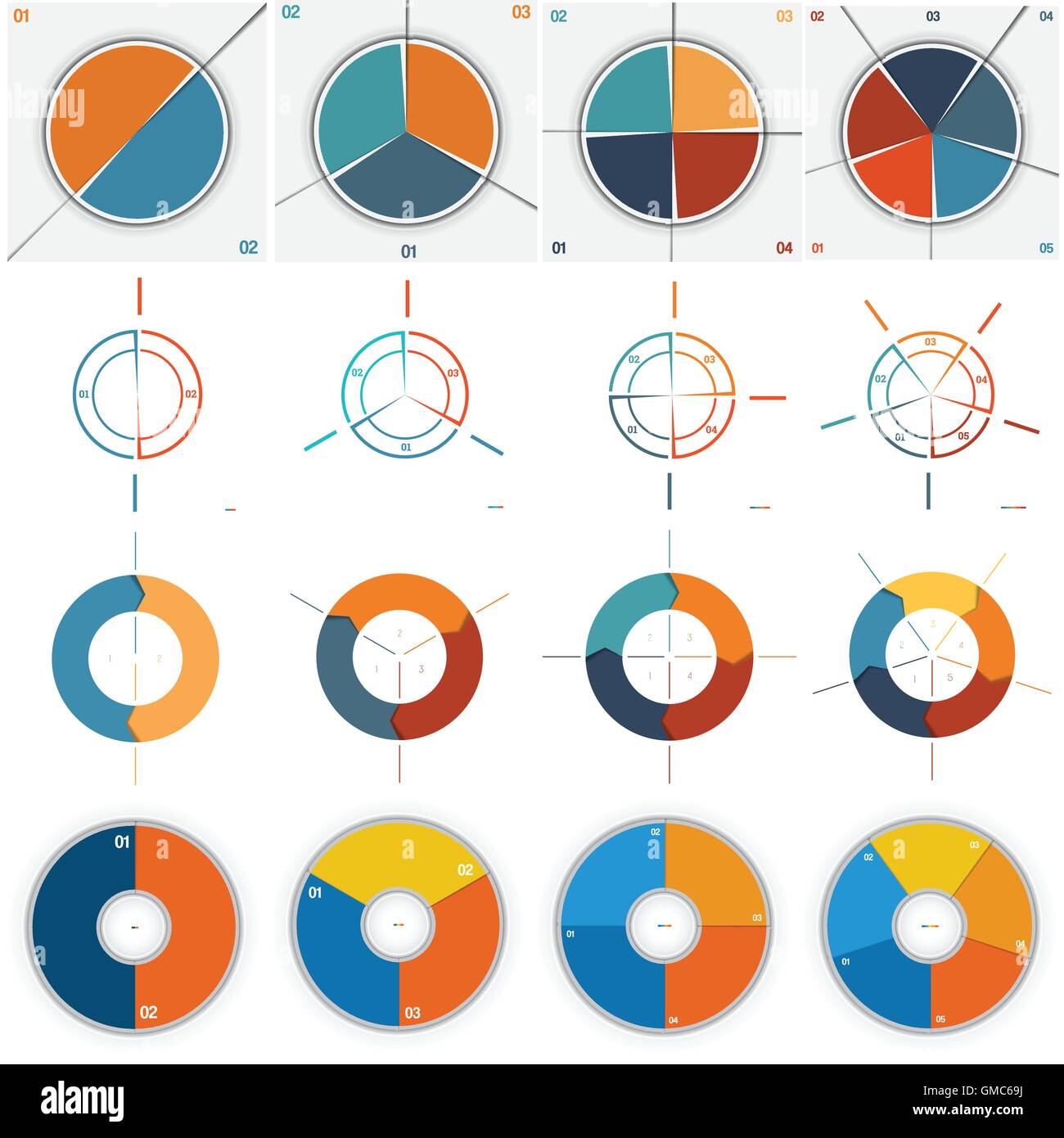 16 modèles numérotés pour l'infographie, et pie chart, anneau avec zone de texte sur deux, trois, quatre, cinq positions Illustration de Vecteur