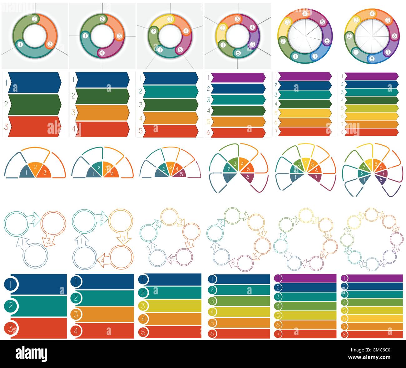 30 modèles numérotés des infographies avec zone de texte sur trois, quatre, cinq, six, sept et huit positions Illustration de Vecteur