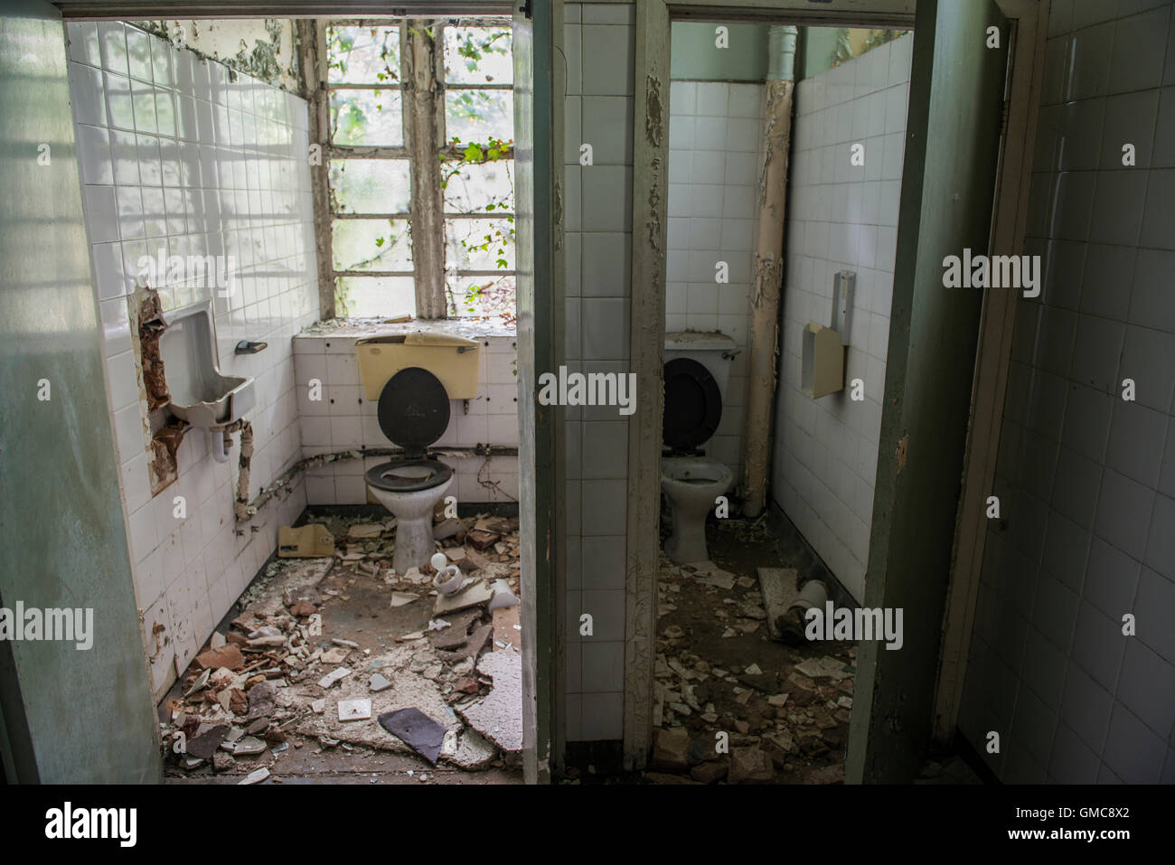 Certaines des cabines de toilettes ont toujours survécu à l'asile de Denbigh, Denbigh, Denbighshire, Wales, UK Banque D'Images