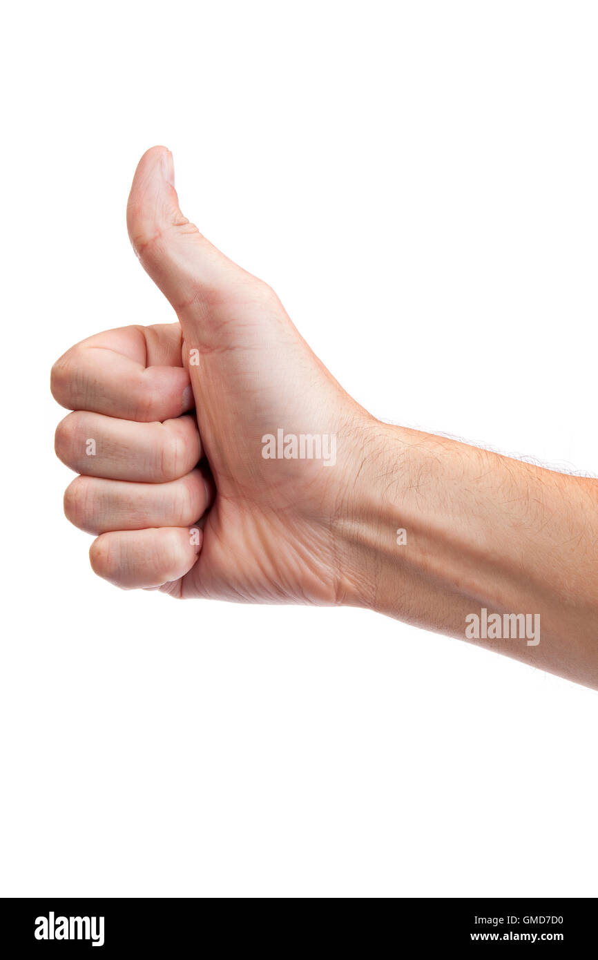 Main mâle showing Thumbs up sign isolated on white Banque D'Images