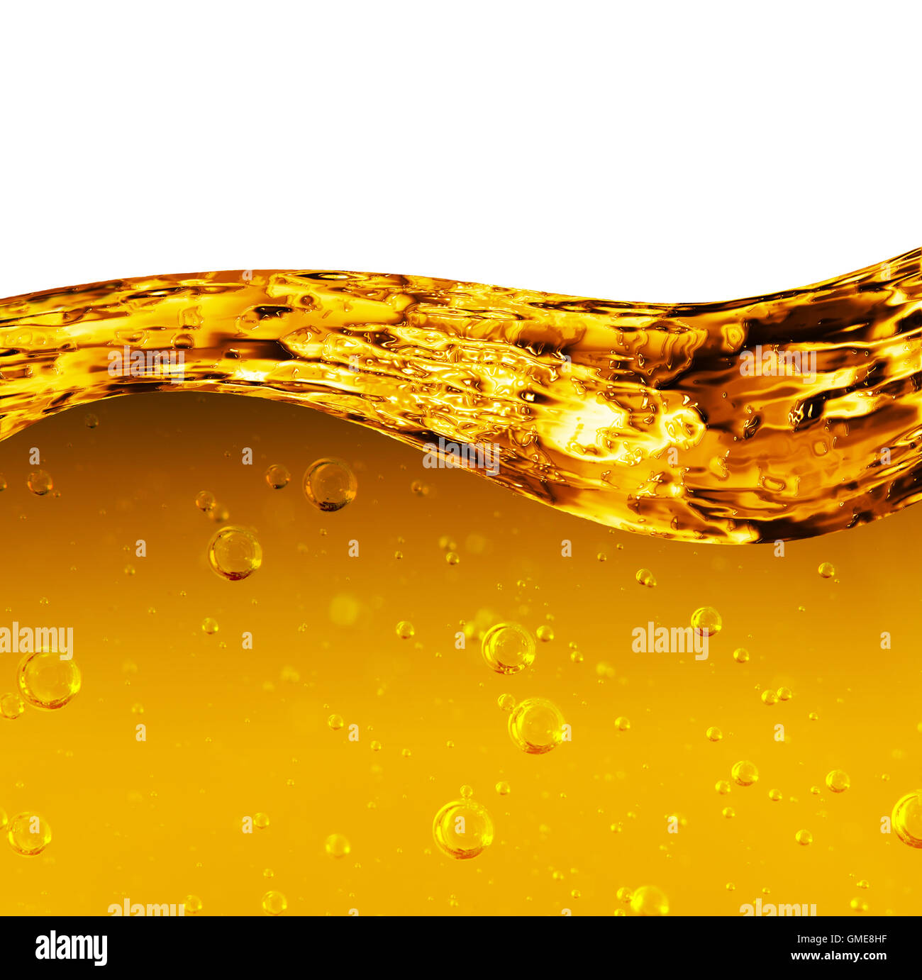 Fond d'huile. Vague de liquide jaune avec des bulles d'air sur fond blanc Banque D'Images