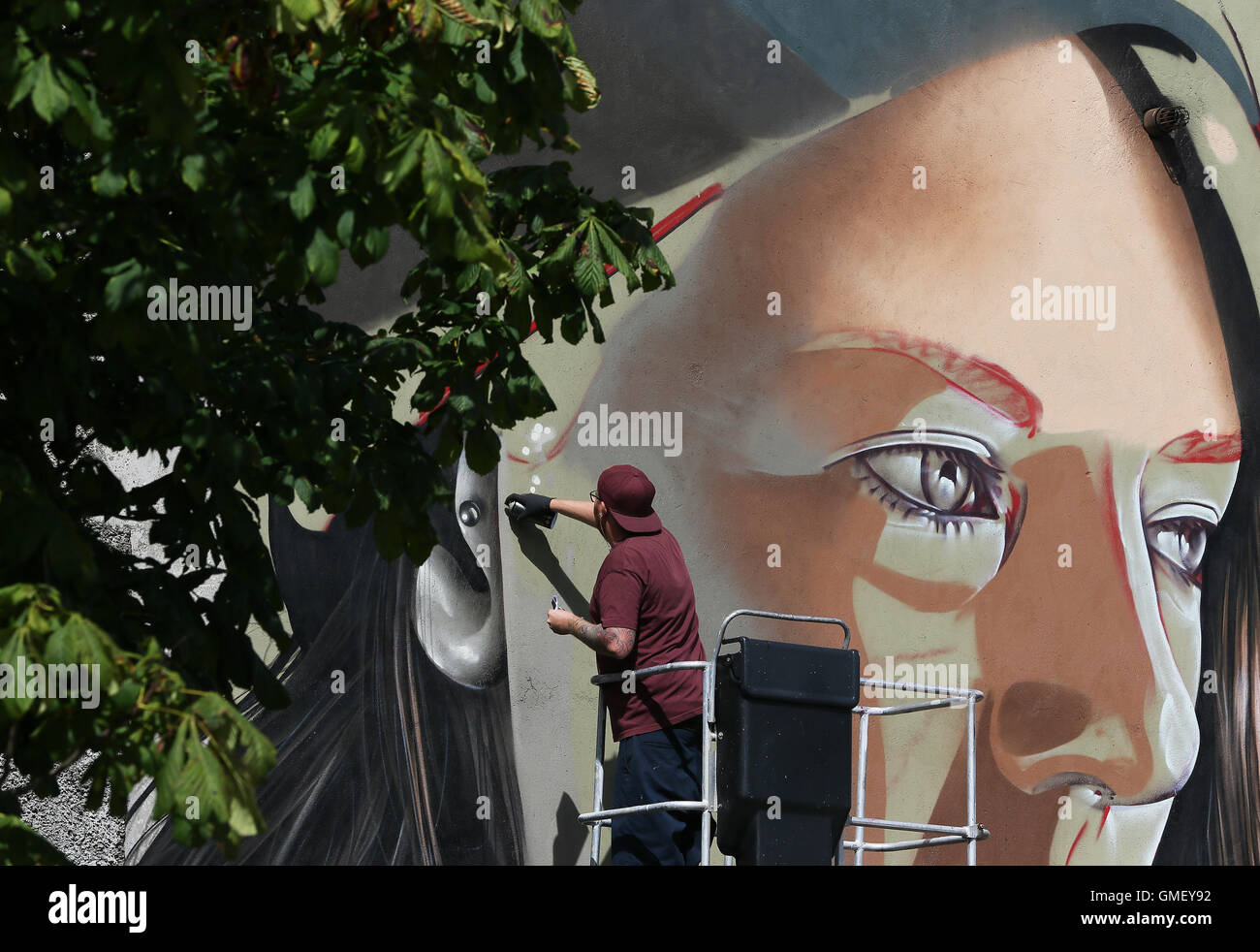 L'artiste australien connard on travaille sur une peinture murale sur Barrack Street , qui fait partie de l'enceinte de Waterford et graffiti street art festival qui aura lieu entre le 25 et le 28 août dans la ville de Waterford, Irlande. Banque D'Images