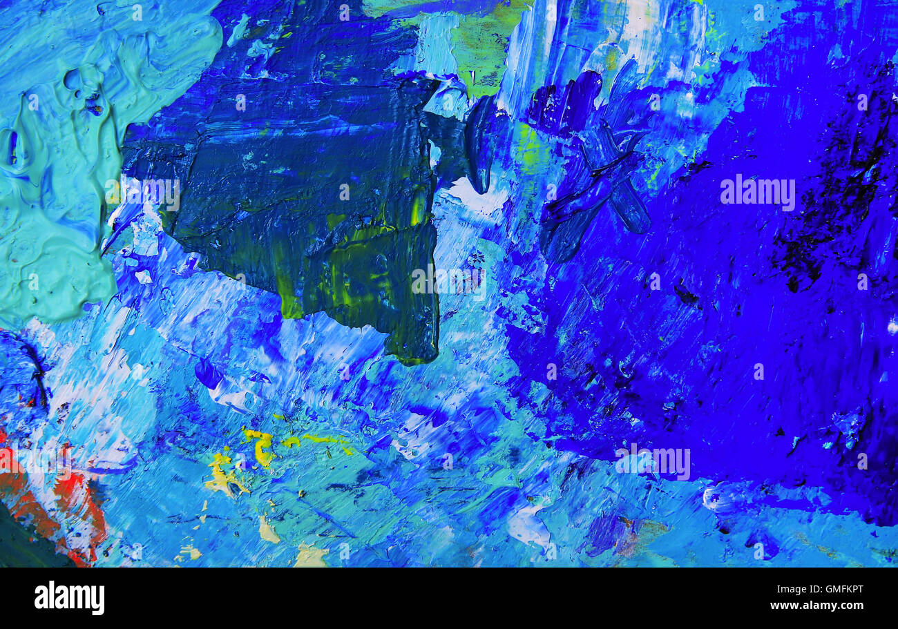 L'art abstrait arrière-plan. Peinture à l'huile sur toile. Texture lumineuse multicolore. Fragment de l'œuvre. Taches de peinture à l'huile. Banque D'Images