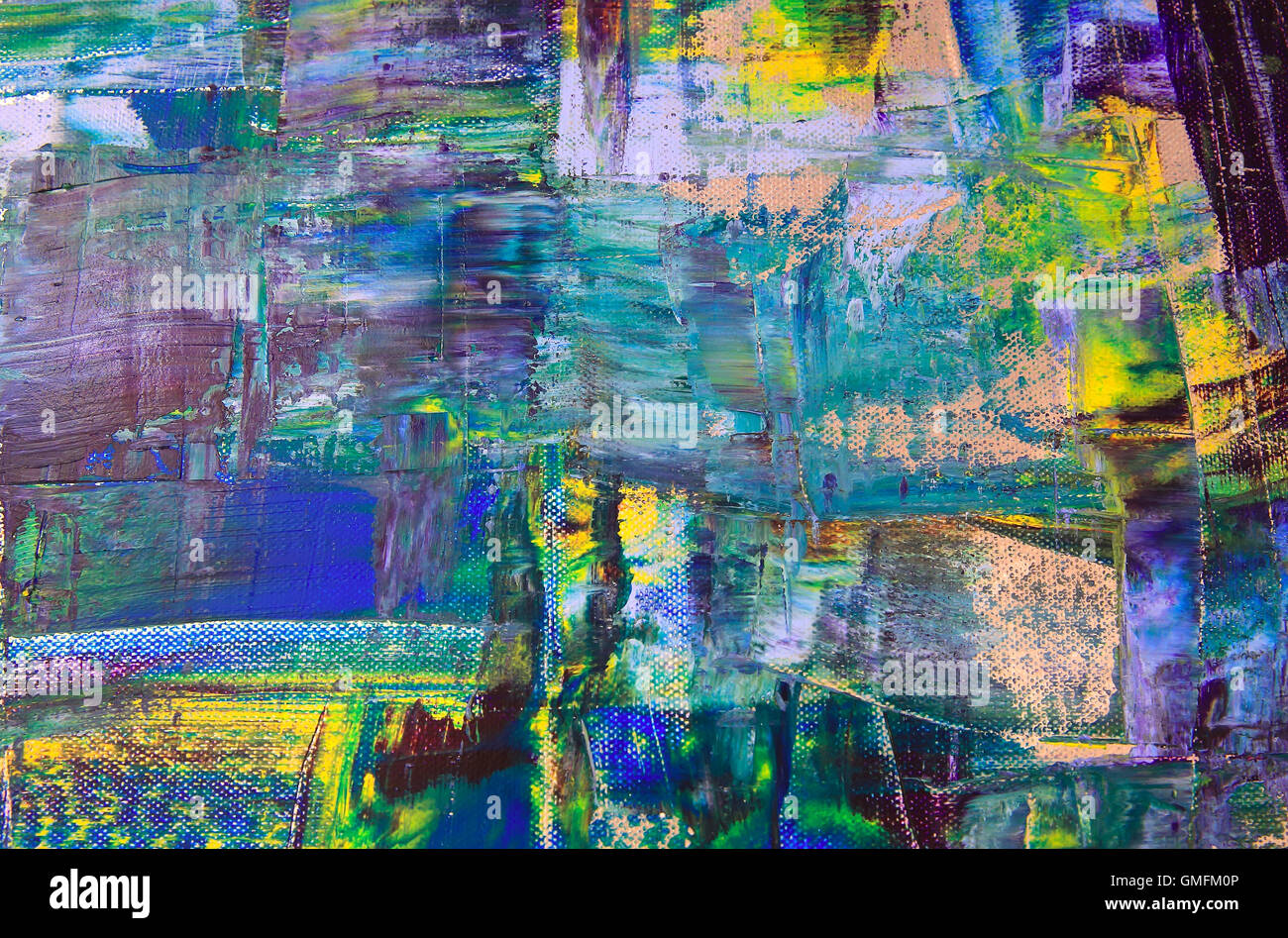 L'art abstrait arrière-plan. Peinture à l'huile sur toile. Texture lumineuse multicolore. Fragment de l'œuvre. Taches de peinture à l'huile. Banque D'Images