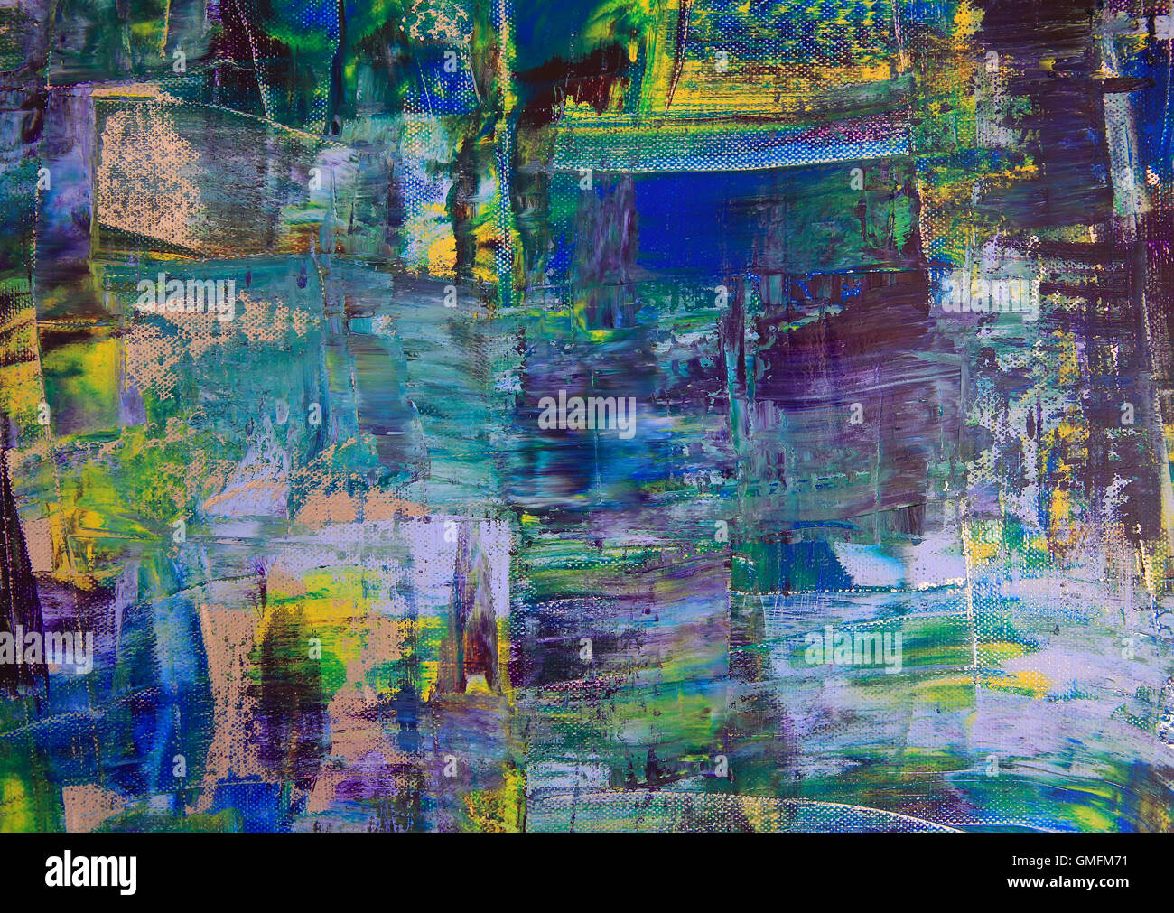 L'art abstrait arrière-plan. Peinture à l'huile sur toile. Texture lumineuse multicolore. Fragment de l'œuvre. Taches de peinture à l'huile. Banque D'Images