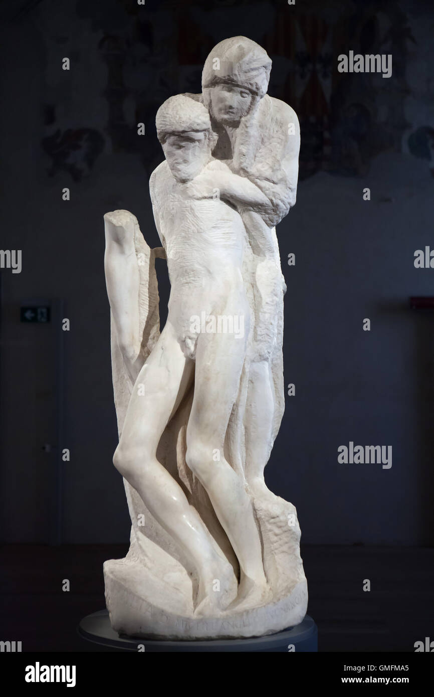 Pieta Rondanini de Michel-Ange (1564) affiché dans la Pieta Rondanini de musée dans le château des Sforza à Milan, Lombardie, Italie. Banque D'Images