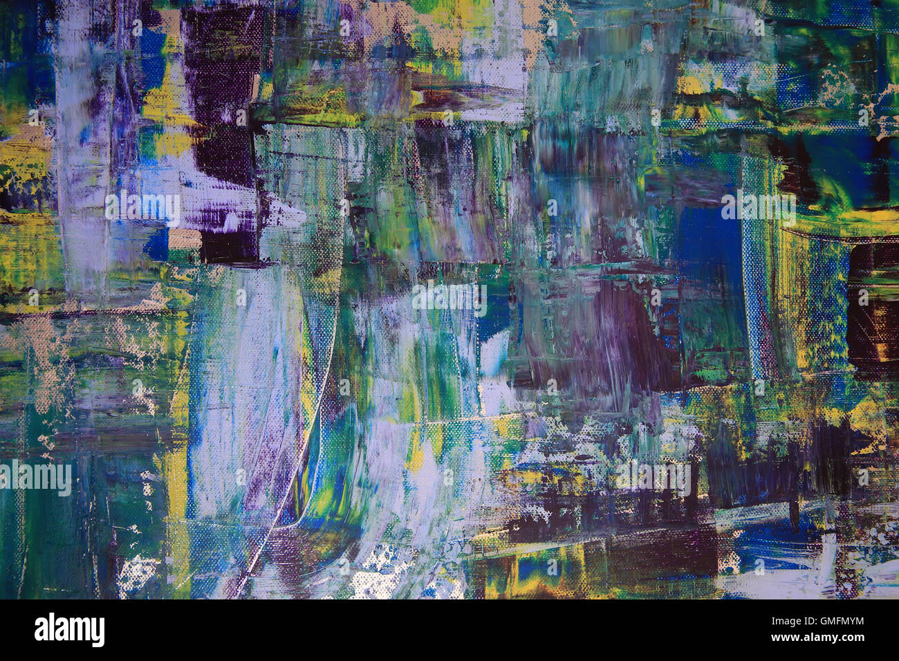 L'art abstrait arrière-plan. Peinture à l'huile sur toile. Texture lumineuse multicolore. Fragment de l'œuvre. Taches de peinture à l'huile. Banque D'Images