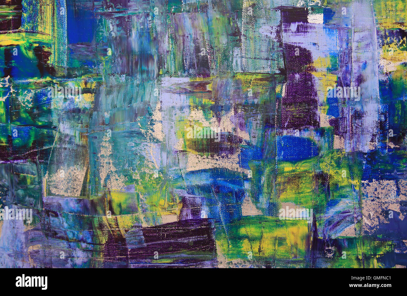 L'art abstrait arrière-plan. Peinture à l'huile sur toile. Texture lumineuse multicolore. Fragment de l'œuvre. Taches de peinture à l'huile. Banque D'Images