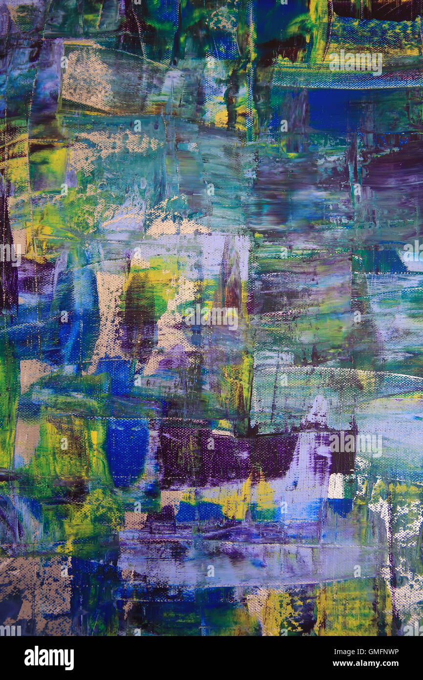 L'art abstrait arrière-plan. Peinture à l'huile sur toile. Texture lumineuse multicolore. Fragment de l'œuvre. Taches de peinture à l'huile. Banque D'Images