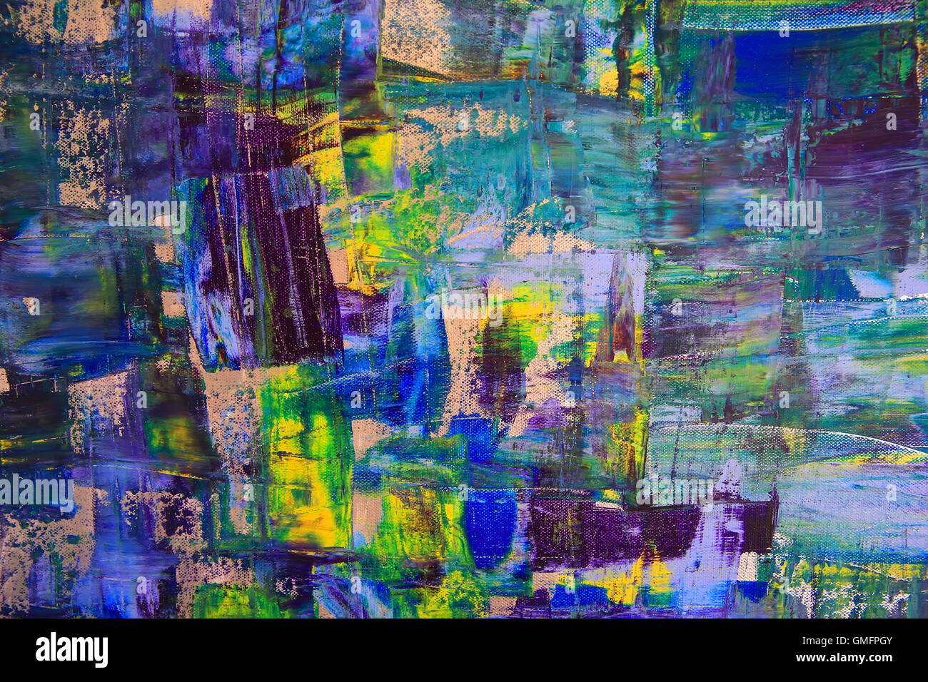 L'art abstrait arrière-plan. Peinture à l'huile sur toile. Texture lumineuse multicolore. Fragment de l'œuvre. Taches de peinture à l'huile. Banque D'Images