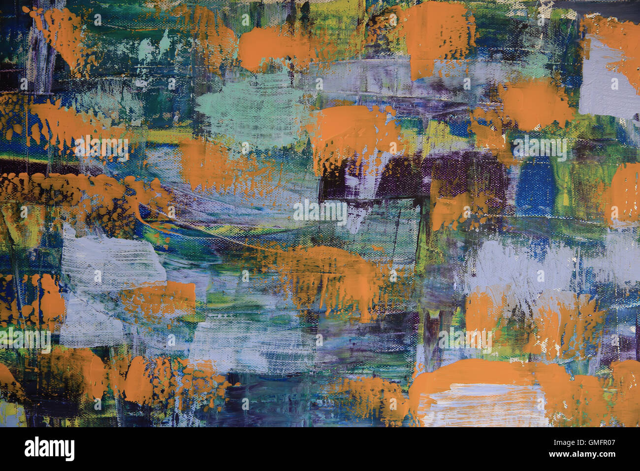 L'art abstrait arrière-plan. Peinture à l'huile sur toile. Texture lumineuse multicolore. Fragment de l'œuvre. Taches de peinture à l'huile. Banque D'Images