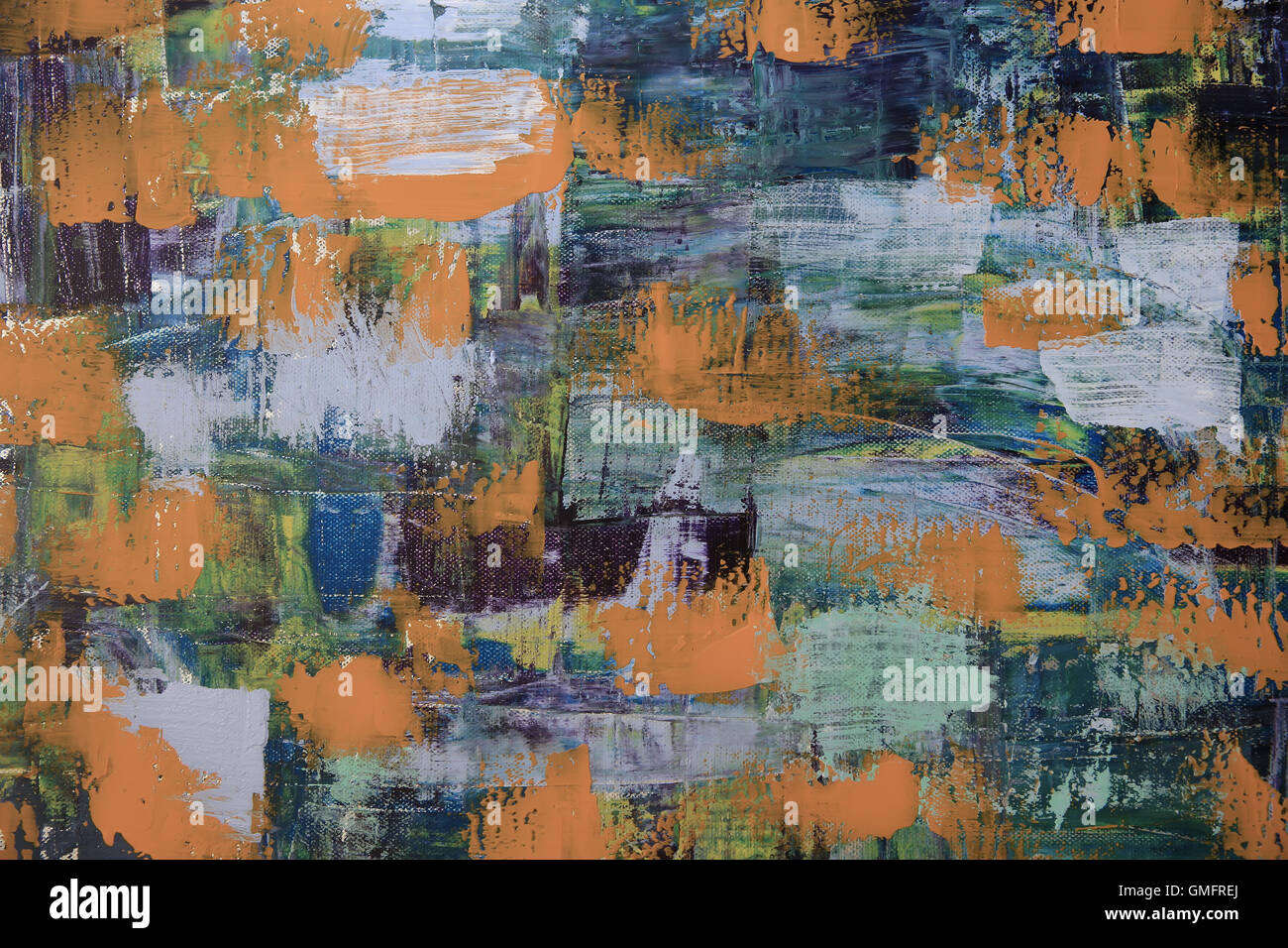 L'art abstrait arrière-plan. Peinture à l'huile sur toile. Texture lumineuse multicolore. Fragment de l'œuvre. Taches de peinture à l'huile. Banque D'Images