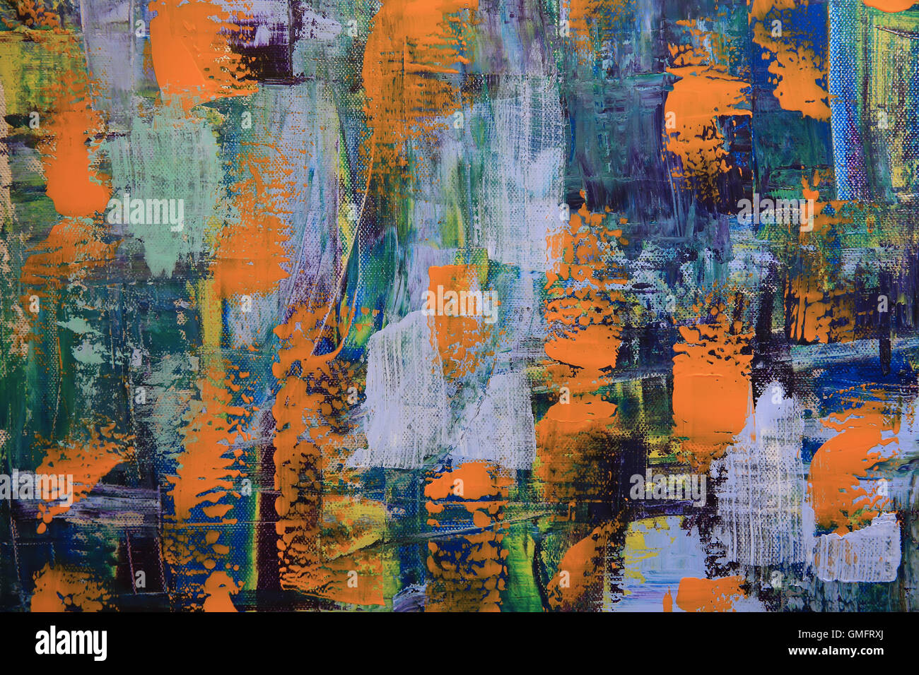 L'art abstrait arrière-plan. Peinture à l'huile sur toile. Texture lumineuse multicolore. Fragment de l'œuvre. Taches de peinture à l'huile. Banque D'Images