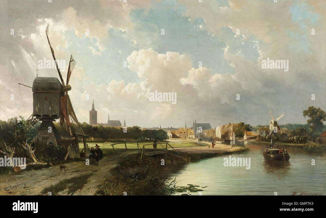 Vue de La Haye à partir du canal de Delft au 17e siècle, par Kasparus Karsen, et son élève, Cornelis Springer, 1852. Le néerlandais du 19e siècle, huile sur toile. Springer était d'environ 17 ans lorsque cette peinture a été réalisée. un moulin à vent et les piétons en costume du 17ème siècle à pied sur un pont route par un moulin à vent. Autres détails : un homme la pêche et un canal barge. (BSLOC 2016 1 118) Banque D'Images Vue de La Haye à partir du canal de Delft au 17e siècle, par Kasparus Karsen, et son élève, Cornelis Springer, 1852. Le néerlandais du 19e siècle, huile sur toile. Springer était d'environ 17 ans lorsque cette peinture a été réalisée. un moulin à vent et les piétons en costume du 17ème siècle à pied sur un pont route par un moulin à vent. Autres détails : un homme la pêche et un canal barge. (BSLOC 2016 1 118) Banque D'Images