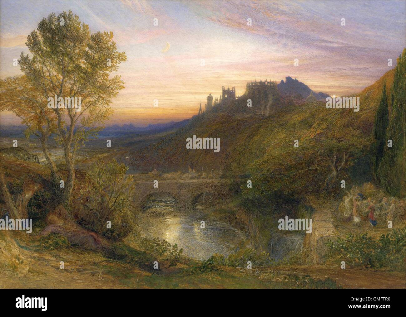 La ville de Tours (le flux), hanté par Samuel Palmer, c.1850-75. L'anglais de l'aquarelle. Paysage romantique britannique visionnaire idyillic avec danseurs (à droite), les chevaliers (sur le pont) et château médiéval dans la distance. (BSLOC 2016 1 149) Banque D'Images