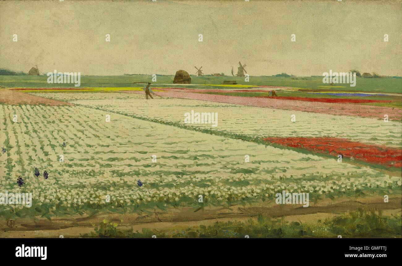 Tulpenvelden (champ de tulipes), par Gerrit Willem Dijsselhof, ch. La peinture hollandaise, 1890-1922, huile sur panneau. Vue sur les champs de tulipes en fleurs avec les travailleurs. Dans la distance est une botte et moulins à vent. (BSLOC 2016 1 159) Banque D'Images