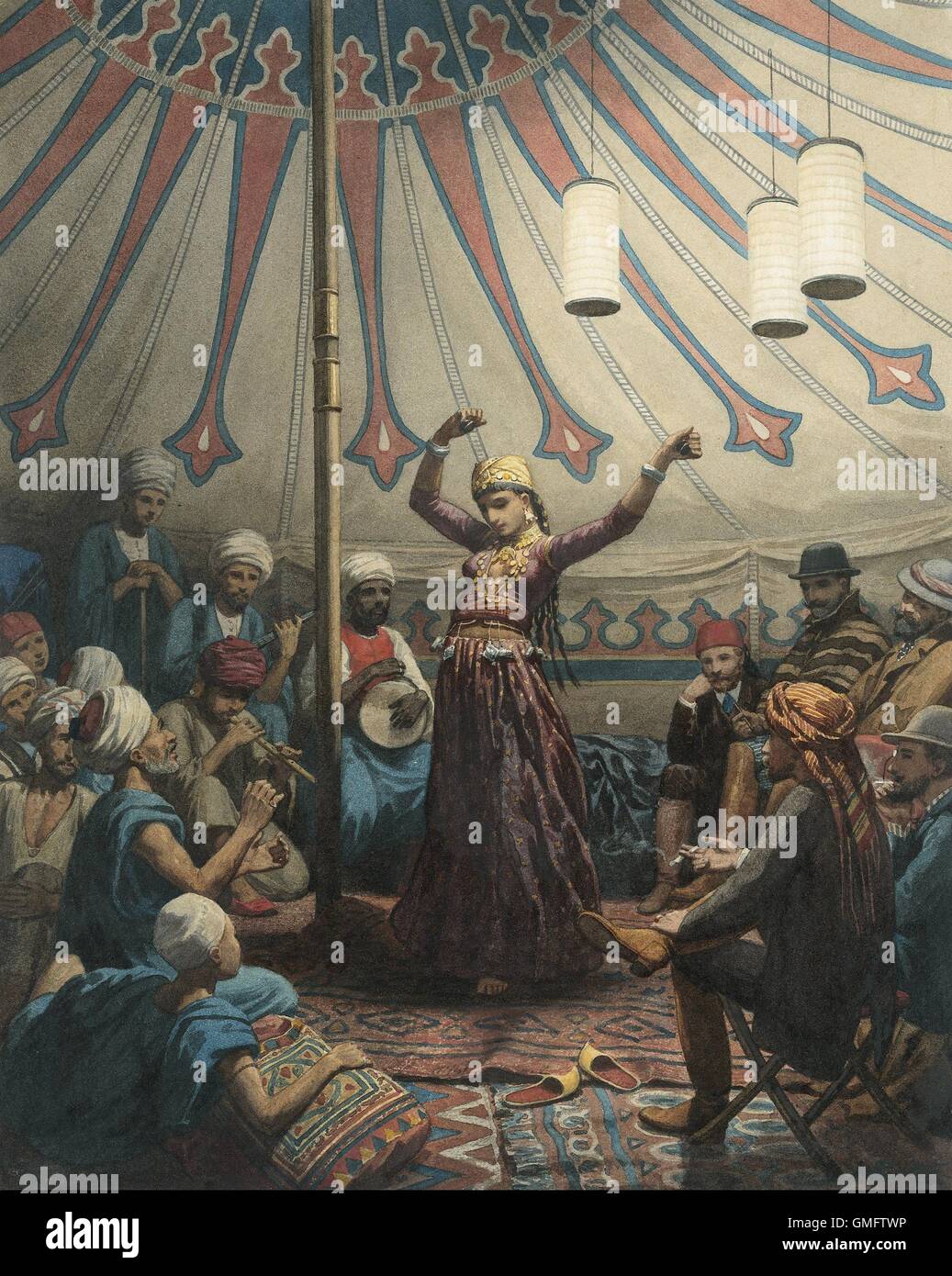 Danseuse égyptienne dans une tente, par Willem de Famars Testas, 1863, la peinture hollandaise, l'aquarelle. Jeune femme dancer avec le musicien pour l'auditoire d'arabes et européens. (BSLOC 2016 1 17) Banque D'Images