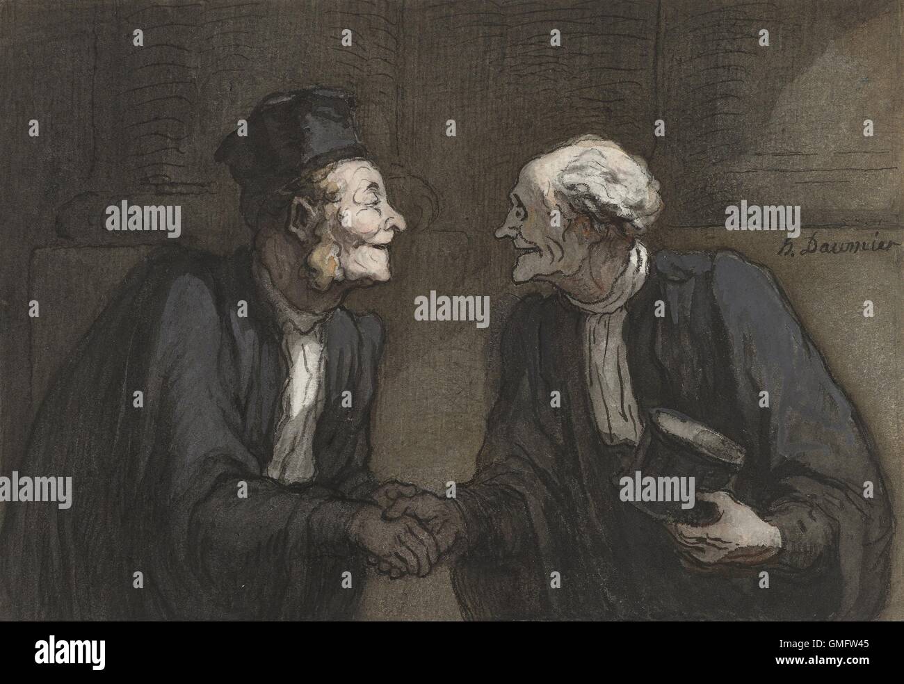 Deux avocats se serrer la main, par Honoré Daumier, ch. Français, 1860 Dessin à l'aquarelle. (BSLOC 2016 1 22) Banque D'Images