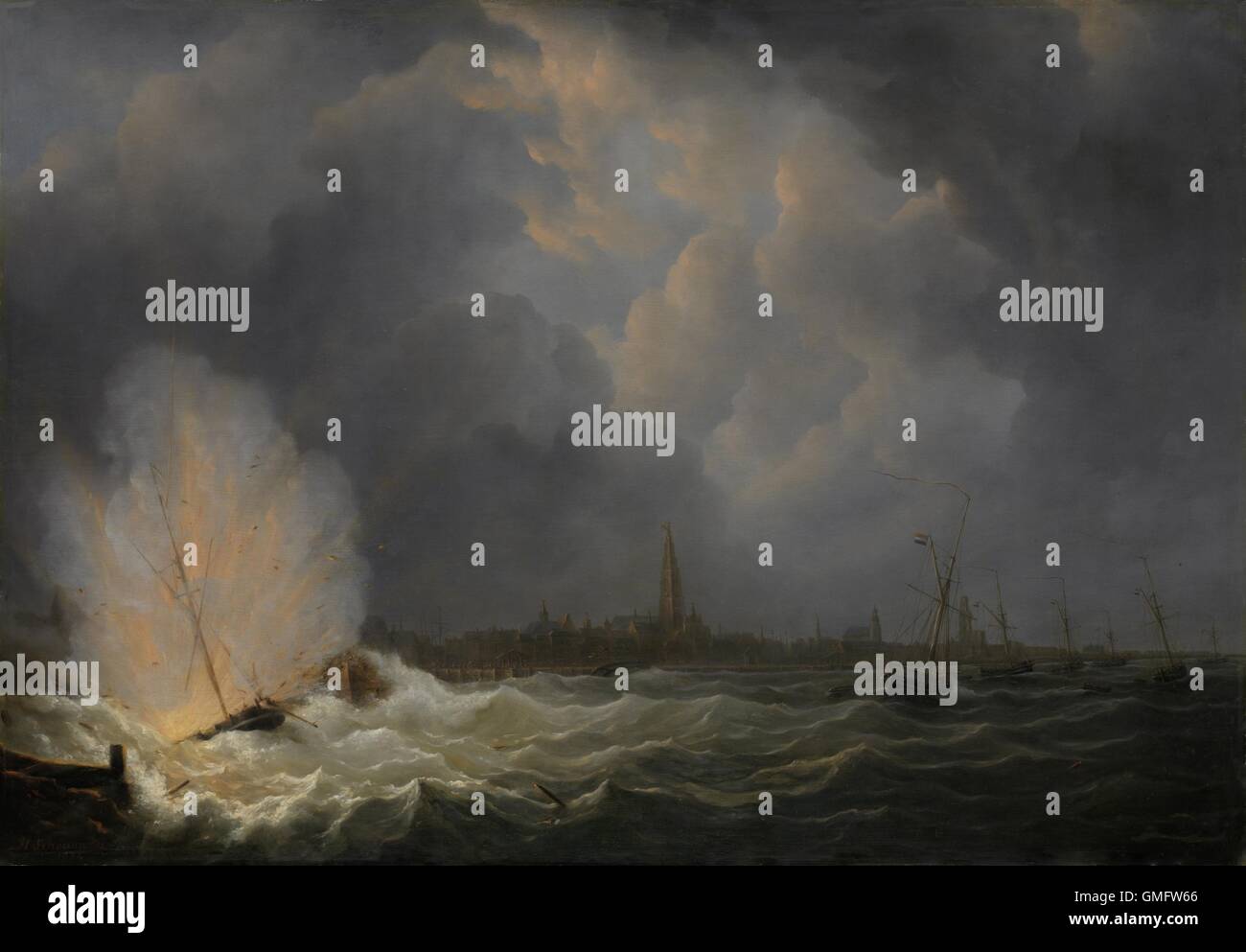 L'explosion de la canonnière nr 2, sous le commandement de Jan van Speijk off, Anvers, 5 février 1831, par Martinus Schouman, 1832, la peinture hollandaise, huile sur panneau. Un incident au cours de la Révolution Belge. (BSLOC 2016 1 234) Banque D'Images