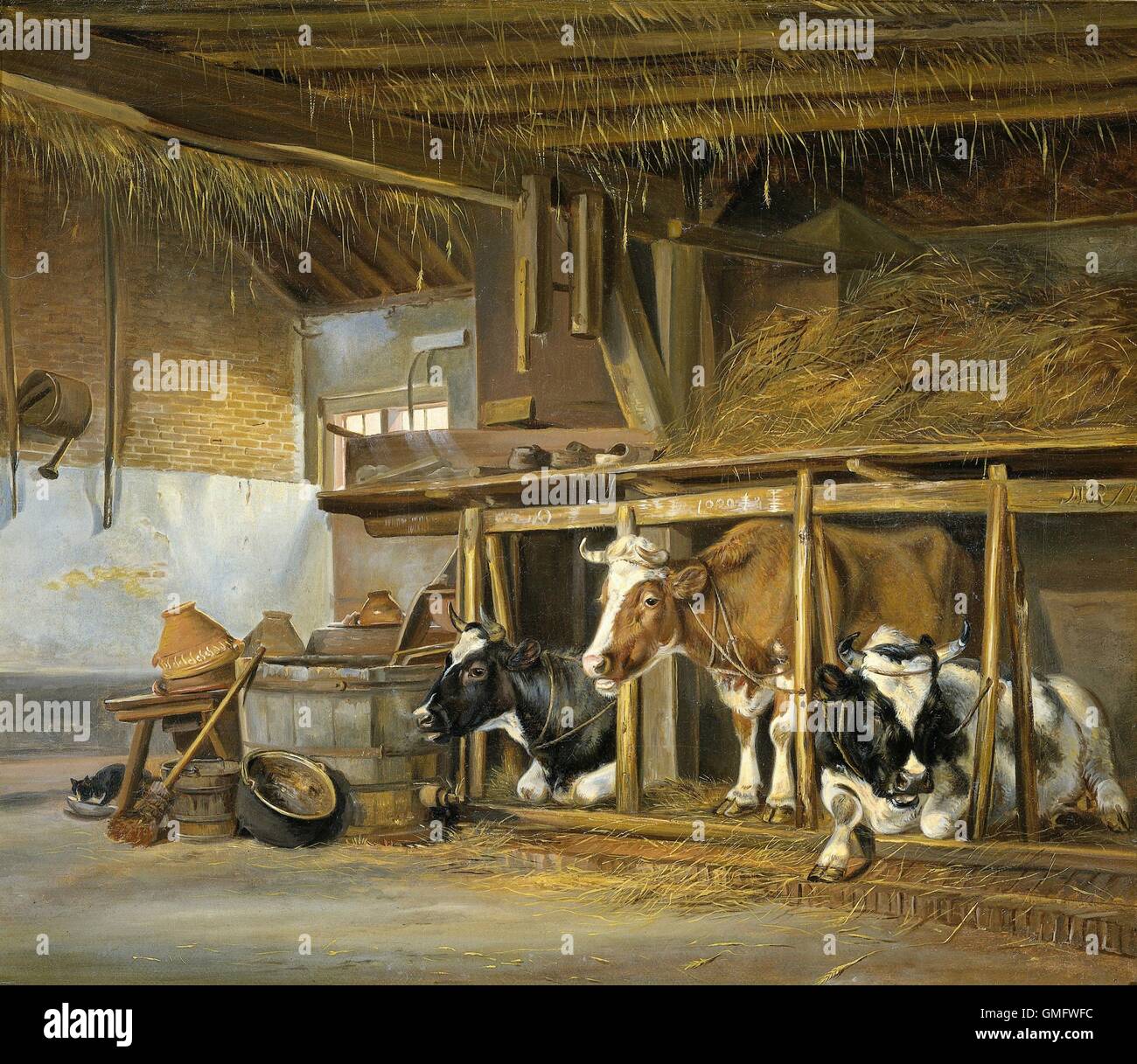 Vaches dans une étable, par Jan van Ravenswaay, 1820, la peinture hollandaise, huile sur toile. Barn intérieur avec trois vaches à l'étable dans un grenier à foin. À droite, un chat boire du lait (BSLOC 2016 1 293) Banque D'Images