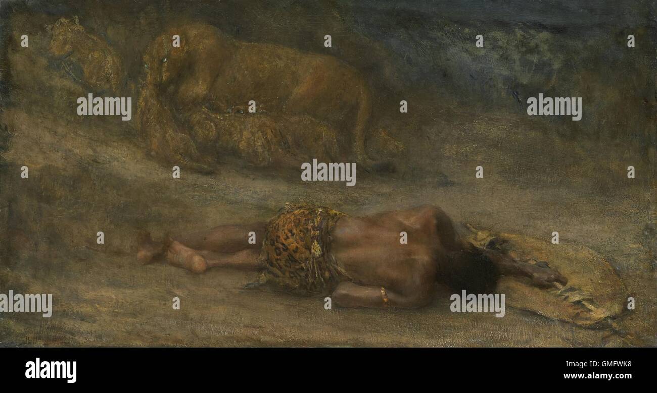 Lionne avec ses petits morts à un homme noir nommé "nemesis", par John Macallan Swan, ch. 1870-1900, l'anglais peinture, huile sur toile. Une lionne promenades avec trois oursons. Elle porte le corps d'un quatrième cub dans sa bouche. Au premier plan un homme africain se trouve sur le sol, avec sa lance et son bouclier. (BSLOC 2016 1 320) Banque D'Images