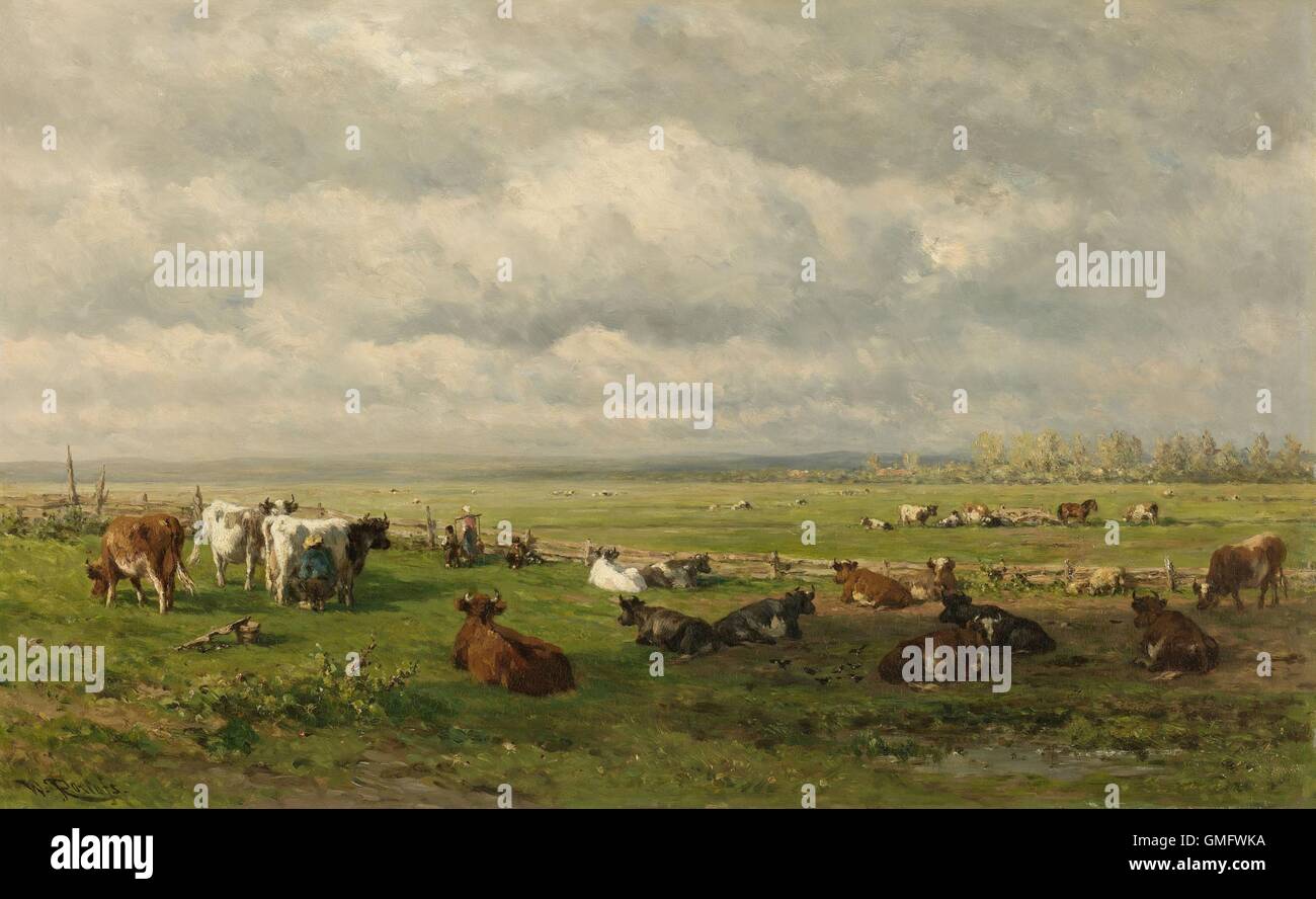 Paysage de prairie avec des bovins, par Willem Roelofs 1er, ch. 1880, la peinture hollandaise, huile sur toile. Agriculteur à traire les vaches dans le champ sur la paysage plat. Une femme se tient avec un joug et de seaux pour transporter le lait du pâturage. (BSLOC 2016 1 322) Banque D'Images