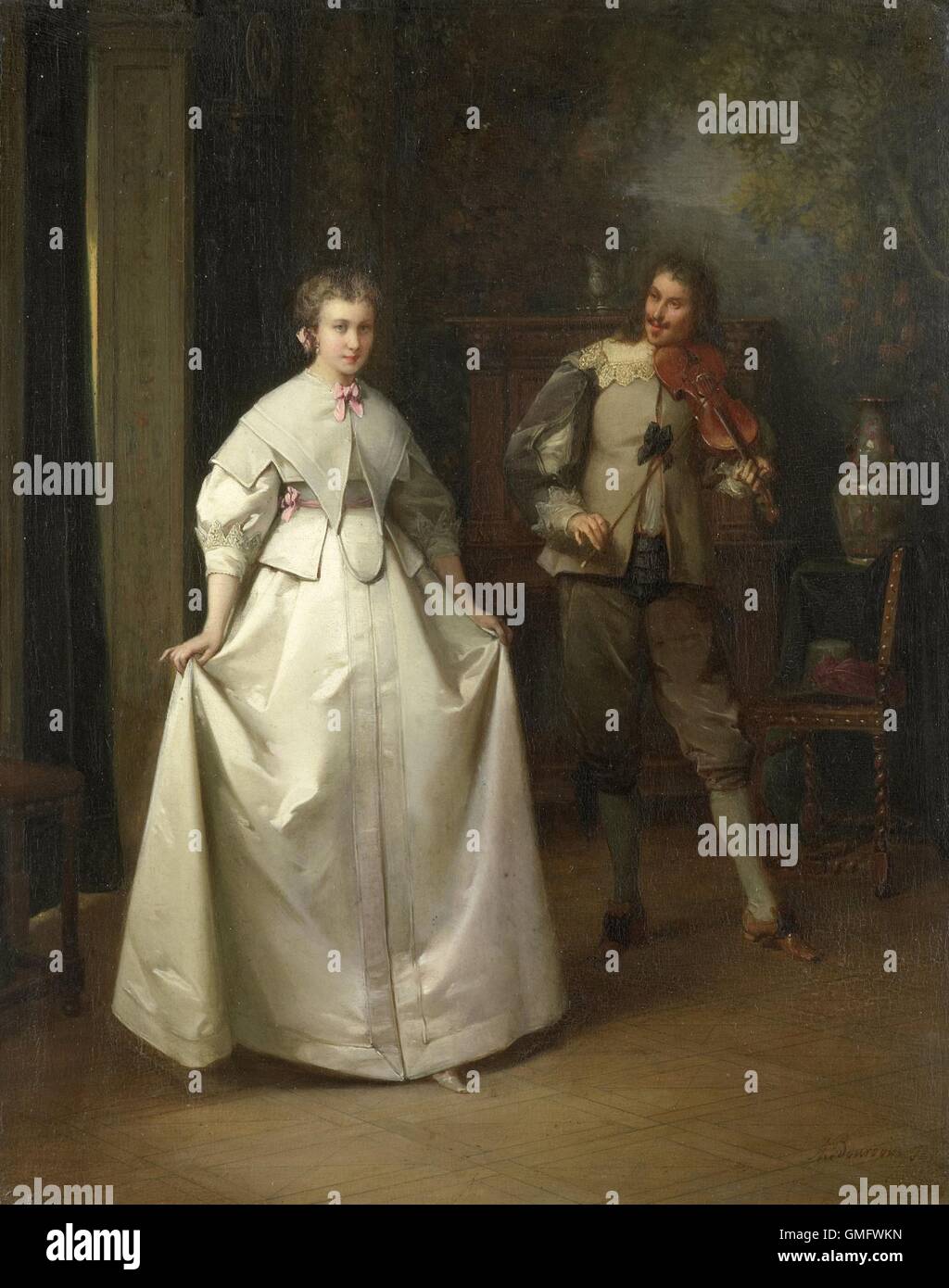 La danse, par Aime Gabriel Adolphe Bourgoin, 1870, la peinture hollandaise, huile sur panneau. Jeune femme en costume du 17e siècle les danses comme un jeune homme joue un violon. (BSLOC 2016 1 34) Banque D'Images La danse, par Aime Gabriel Adolphe Bourgoin, 1870, la peinture hollandaise, huile sur panneau. Jeune femme en costume du 17e siècle les danses comme un jeune homme joue un violon. (BSLOC 2016 1 34) Banque D'Images