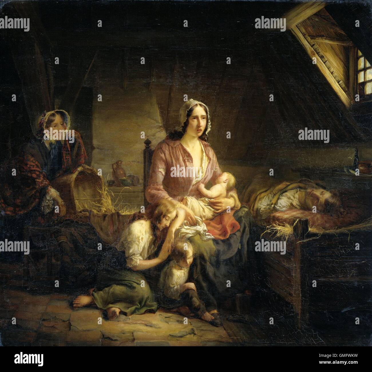 Une riche dame Visite une famille pauvre, par Gerardus Terlaak, 1853, Dutch, huile sur toile. Une jeune mère avec trois enfants au chevet de son mari malade. À gauche, en arrière de la salle, bien habillés, est une jeune femme riche. (BSLOC 2016 1 38) Banque D'Images