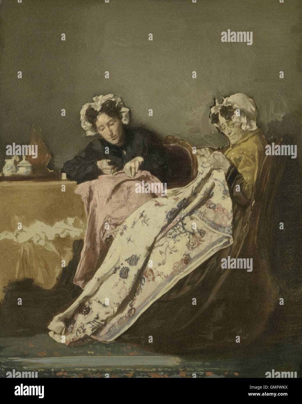 Deux dames à leur Couture, Alexander Hugo Bakker Korff, ch. La peinture hollandaise, 1860-82, huile sur panneau. (BSLOC 2016 1 39) Banque D'Images