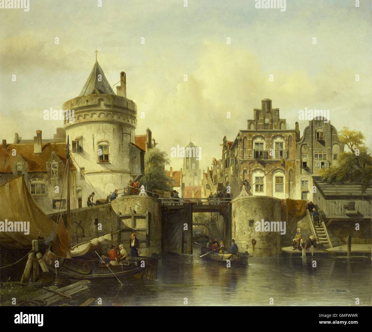 Vue imaginaire basé sur le Kolksluis, Amsterdam, par Samuel Verveer, 1839, peinture à l'huile hollandais. Une chaloupe quitte le 'Kolk' par la vanne ouverte, qui remonte au Moyen Age. (BSLOC 2016 1 91) Banque D'Images Vue imaginaire basé sur le Kolksluis, Amsterdam, par Samuel Verveer, 1839, peinture à l'huile hollandais. Une chaloupe quitte le 'Kolk' par la vanne ouverte, qui remonte au Moyen Age. (BSLOC 2016 1 91) Banque D'Images