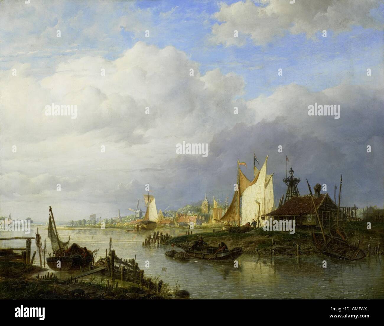 Bateaux sur une rivière avec un phare de lumière, par Hendrik Vettewinkel, 1847, la peinture hollandaise, huile sur panneau (BSLOC_2016_1_97) Banque D'Images