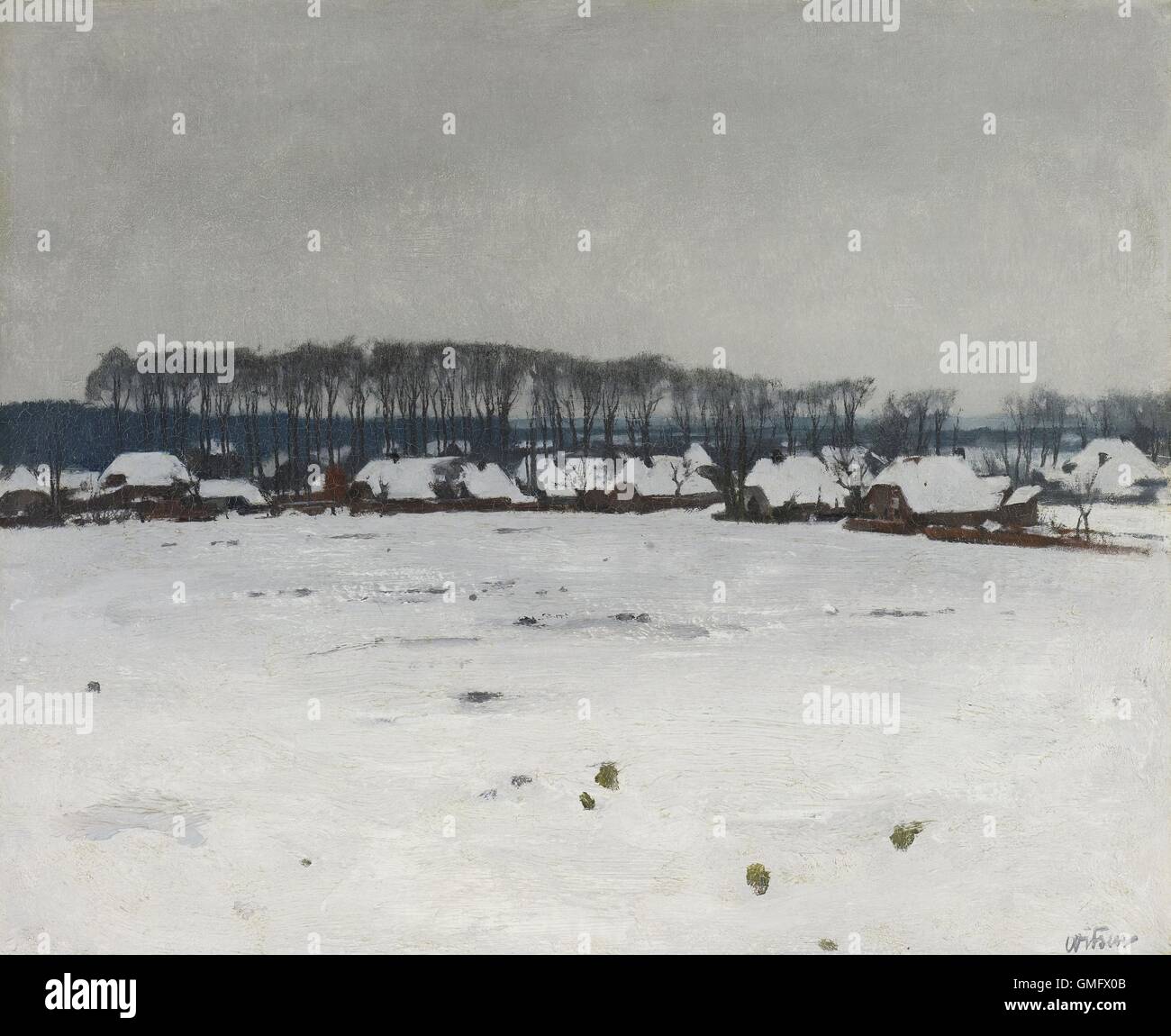 Paysage d'hiver, par Willem Witsen, ch. La peinture hollandaise, 1895-1915, huile sur toile. Witsen a créé une composition simple moderne des formes horizontales de neige blanche, maison et arbres, et un ciel gris (BSLOC 2016 2 12) Banque D'Images