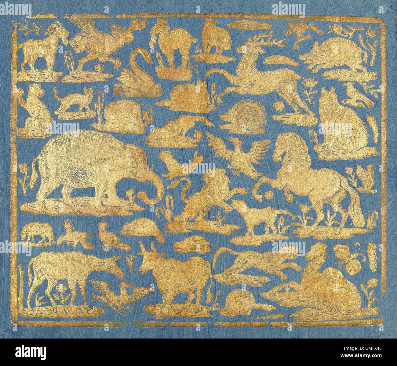 Papier de brocart bleu décoré d'animaux d'or, ch. 1750-1800. Comprend des feuilles et domestiqués mammifères et oiseaux sauvages (BSLOC 2016 2 147) Banque D'Images