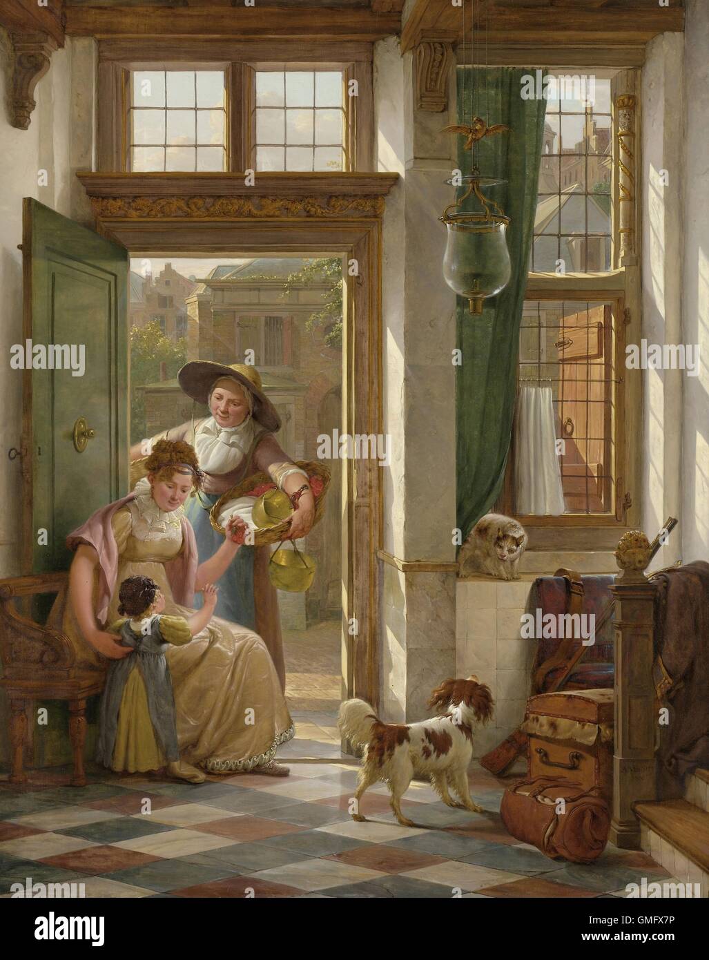 Une Cerise à la porte du vendeur, par Abraham van Strij, 1816, peinture belge, huile sur panneau. Une femme assise près de la porte de sa maison, sa fille montre qu'elle a acheté à partir de cerises une femme à la porte. Un chat et chien ont une BSLOC 2016 (rencontre 2 165) Banque D'Images