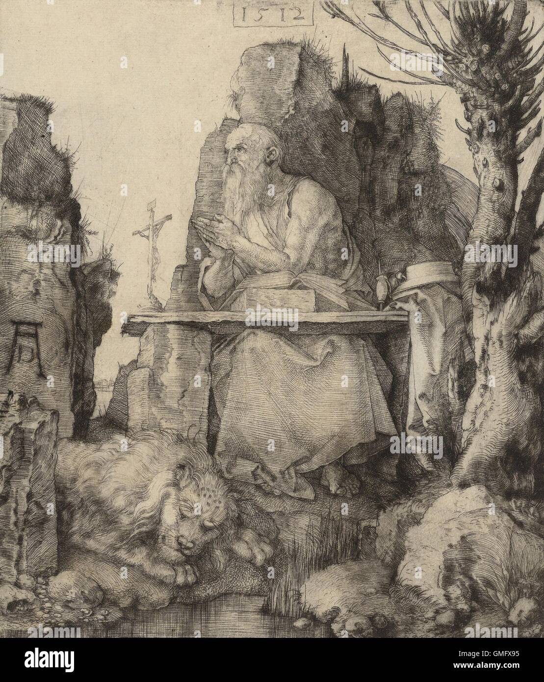 Saint Jérôme dans le désert, par Albrecht durer, 1512, allemand, le cuivre d'impression gravure pointe sèche. Jerome en ermite dans le désert, priant d'un rocky 24. À ses pieds est un lion, son symbole (BSLOC 2016 2 182) Banque D'Images
