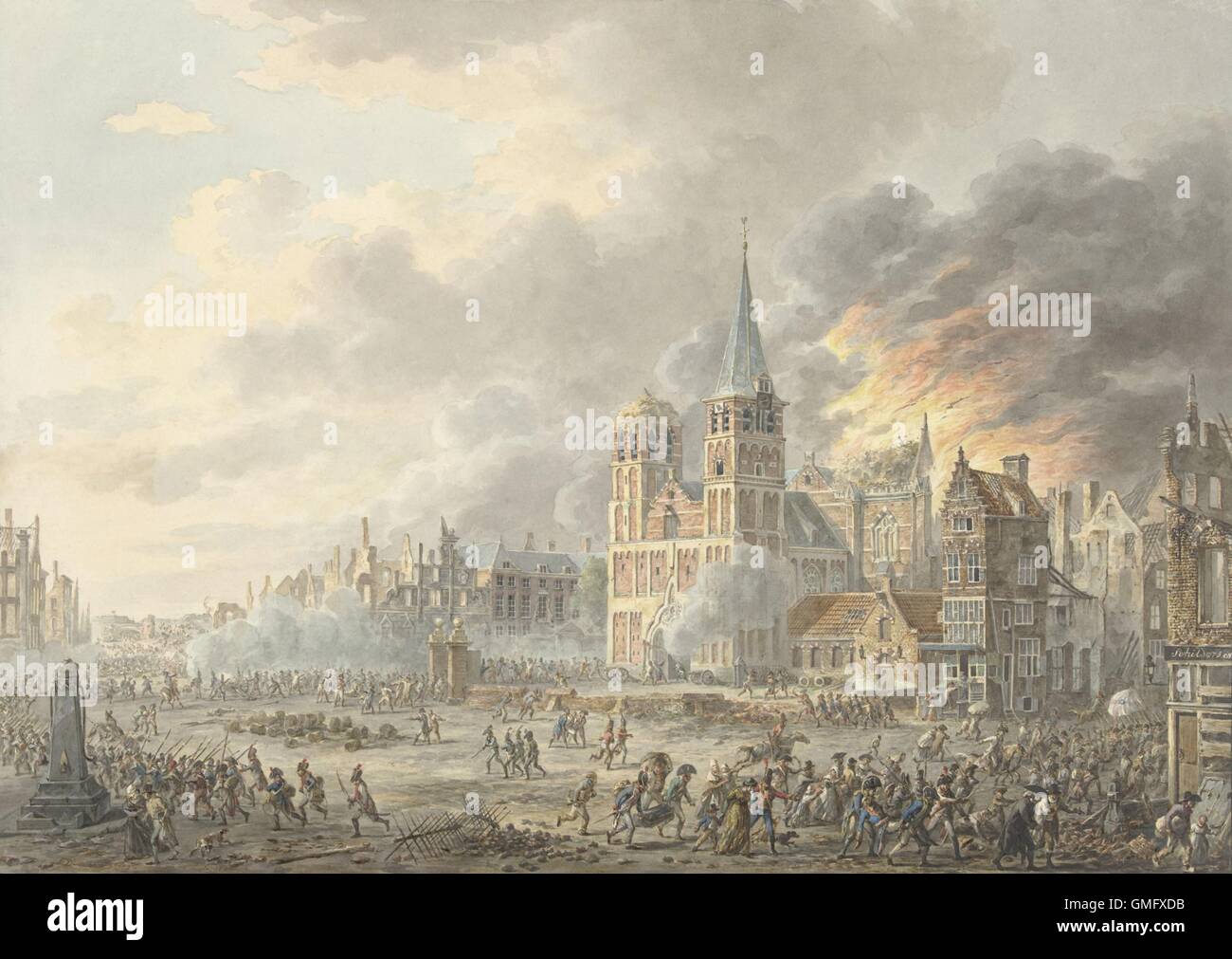 Capture d'une ville par les troupes françaises, par Dirk Lagendijk, 1801, la peinture hollandaise, aquarelle sur papier. De 1795 à 1813, Arnhem a été occupée par les français durant les guerres napoléoniennes (BSLOC 2016 2 209) Banque D'Images