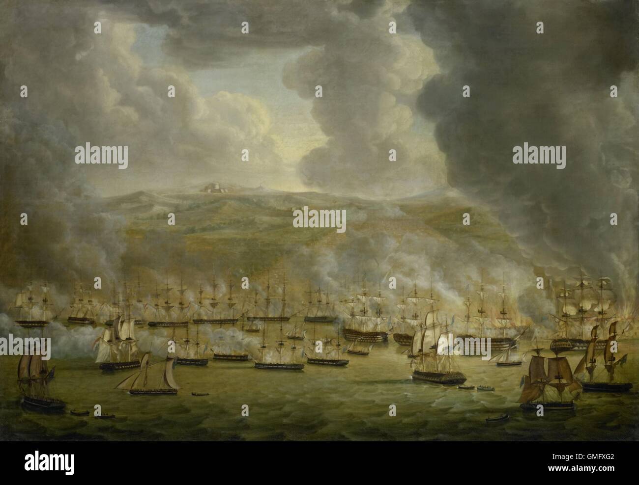 Bombardement d'Alger par l'escadron naval anglo-néerlandais, 1816, par Gerardus Keultjes néerlandais, peinture, huile sur toile. L Banque D'Images