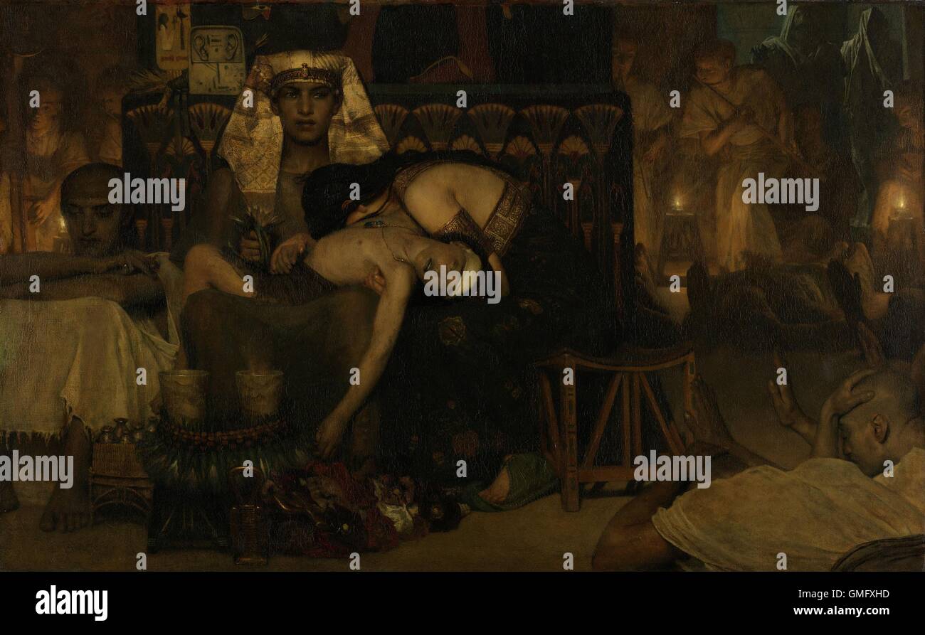 Décès du fils premier-né du Pharaon, par Lawrence Alma Tadema, 1872, Anglais peinture huile sur toile. Moïse et Aaron (En haut à droite) visite le pharaon dont le fils est mort d'un des fléaux envoyés par Dieu pour obtenir la libération des Israélites de l'Égypte. Scène du livre de l'Exode (BSLOC 2016 2 240) Banque D'Images