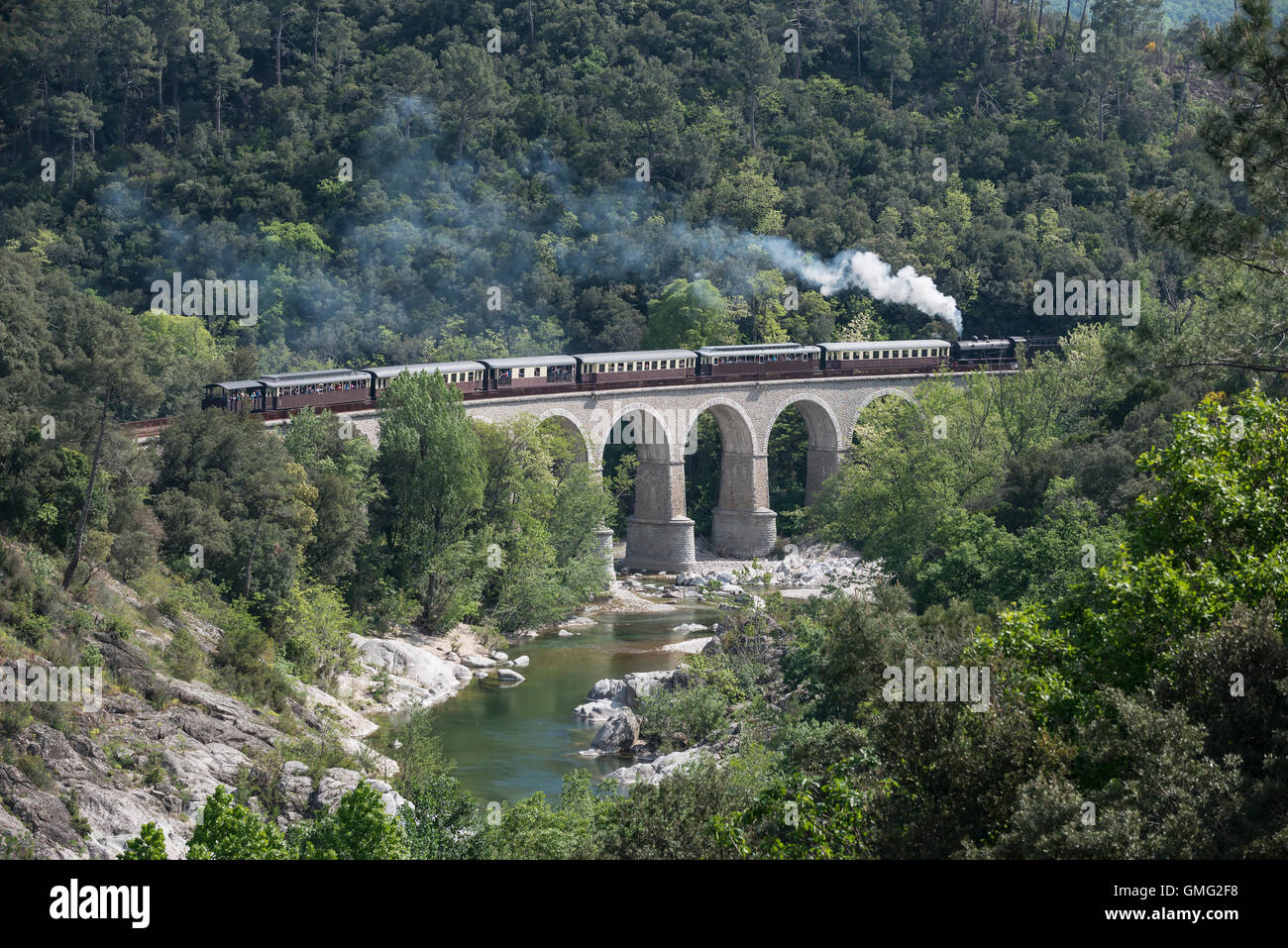 Train à vapeur tirant les entraîneurs sur l'ancien viaduc en pierre sur les arbres de la vallée de l'été les touristes fumée garde St Jean du paysage de France Banque D'Images