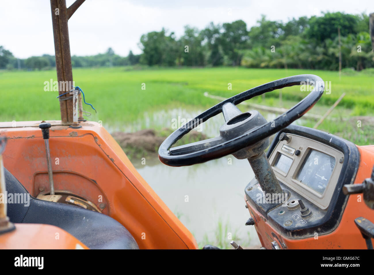 Le tracteur dans un champ de riz Banque D'Images